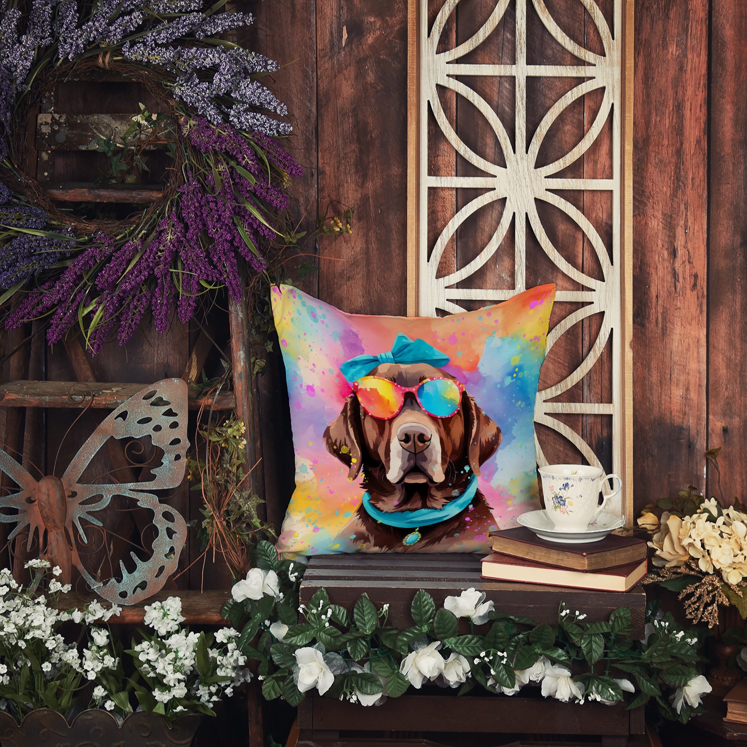 Chocolate Labrador Hippie Dawg Fabric Decorative Pillow