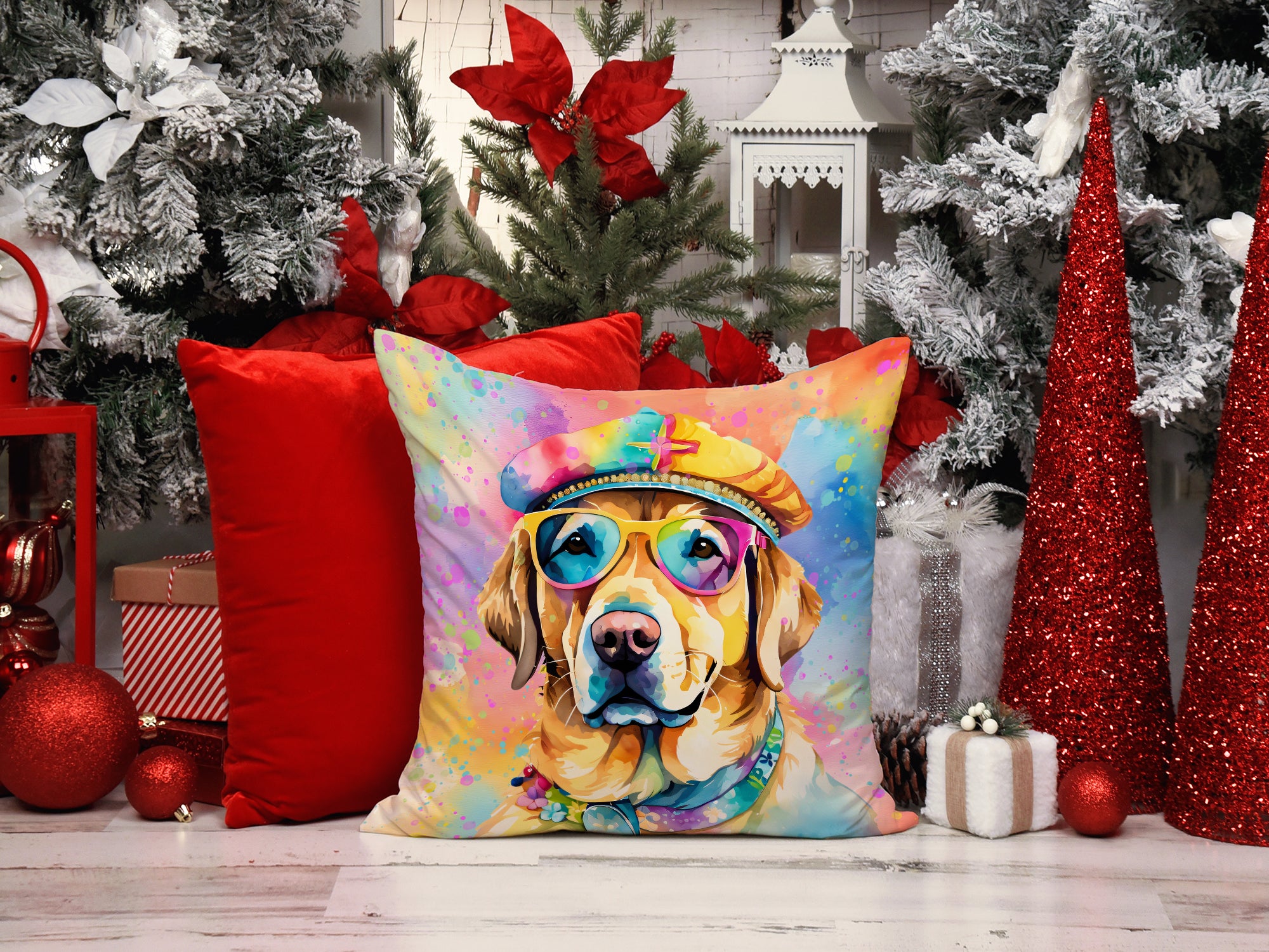 Yellow Labrador Hippie Dawg Fabric Decorative Pillow