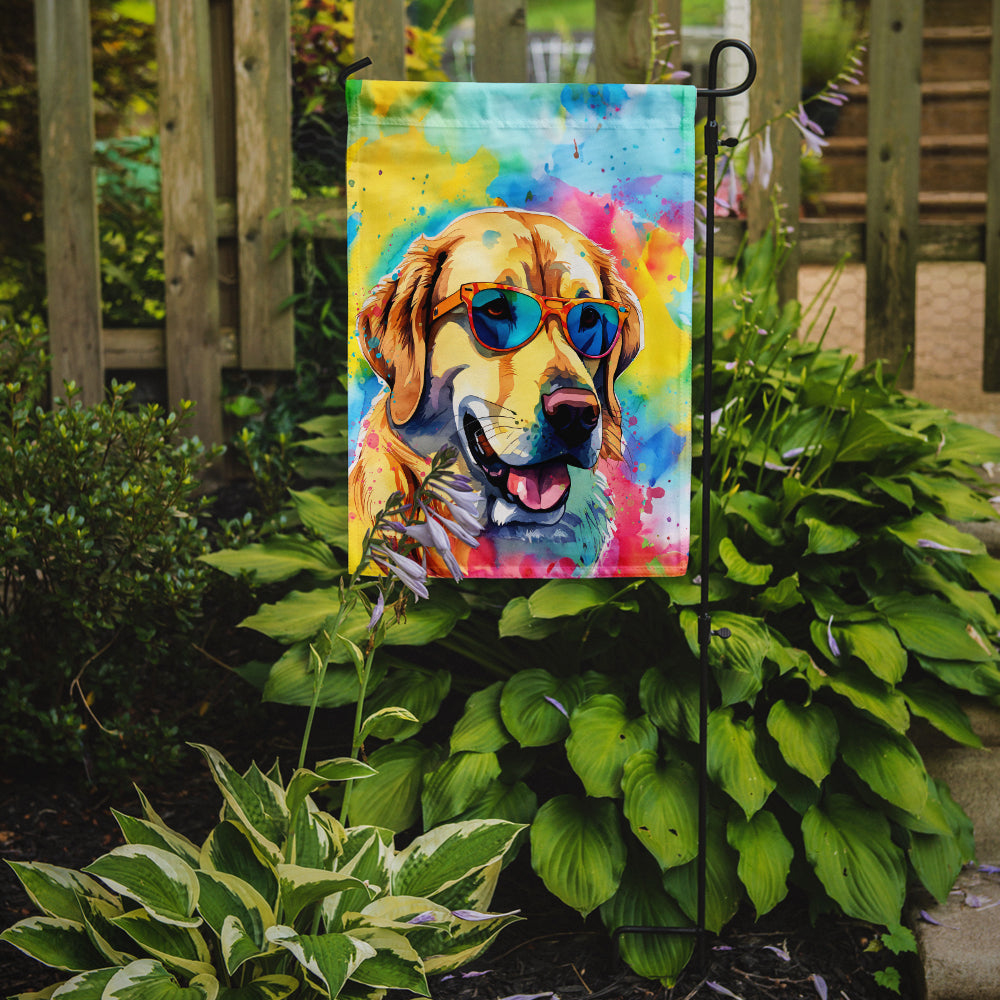 Caroline's Treasures Yellow Labrador Hippie Dawg Garden Flag – Retro Dog with Sunglasses & Multicolored Background