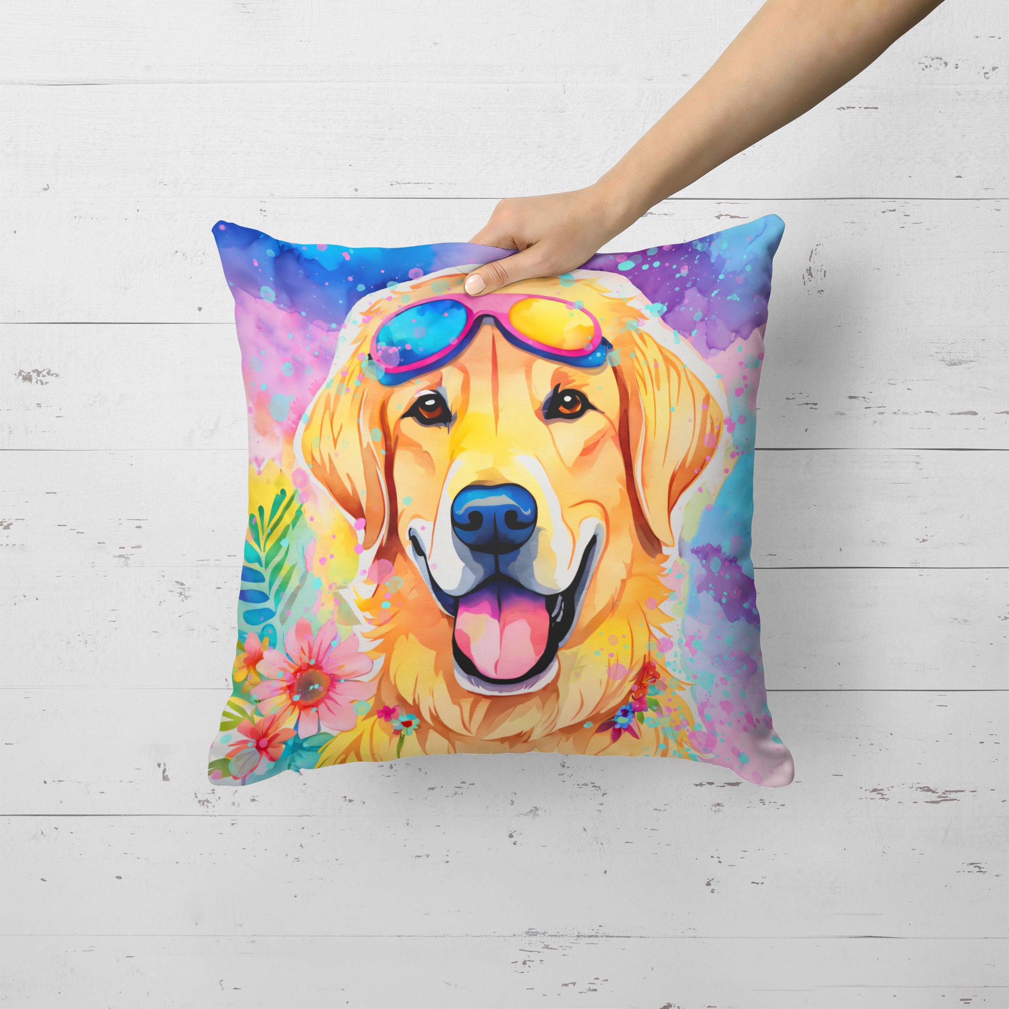 Yellow Labrador Hippie Dawg Fabric Decorative Pillow