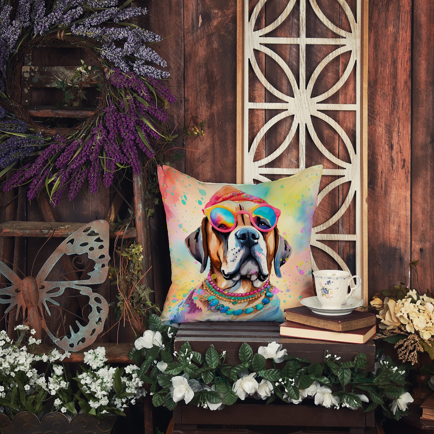 Mastiff Hippie Dawg Fabric Decorative Pillow