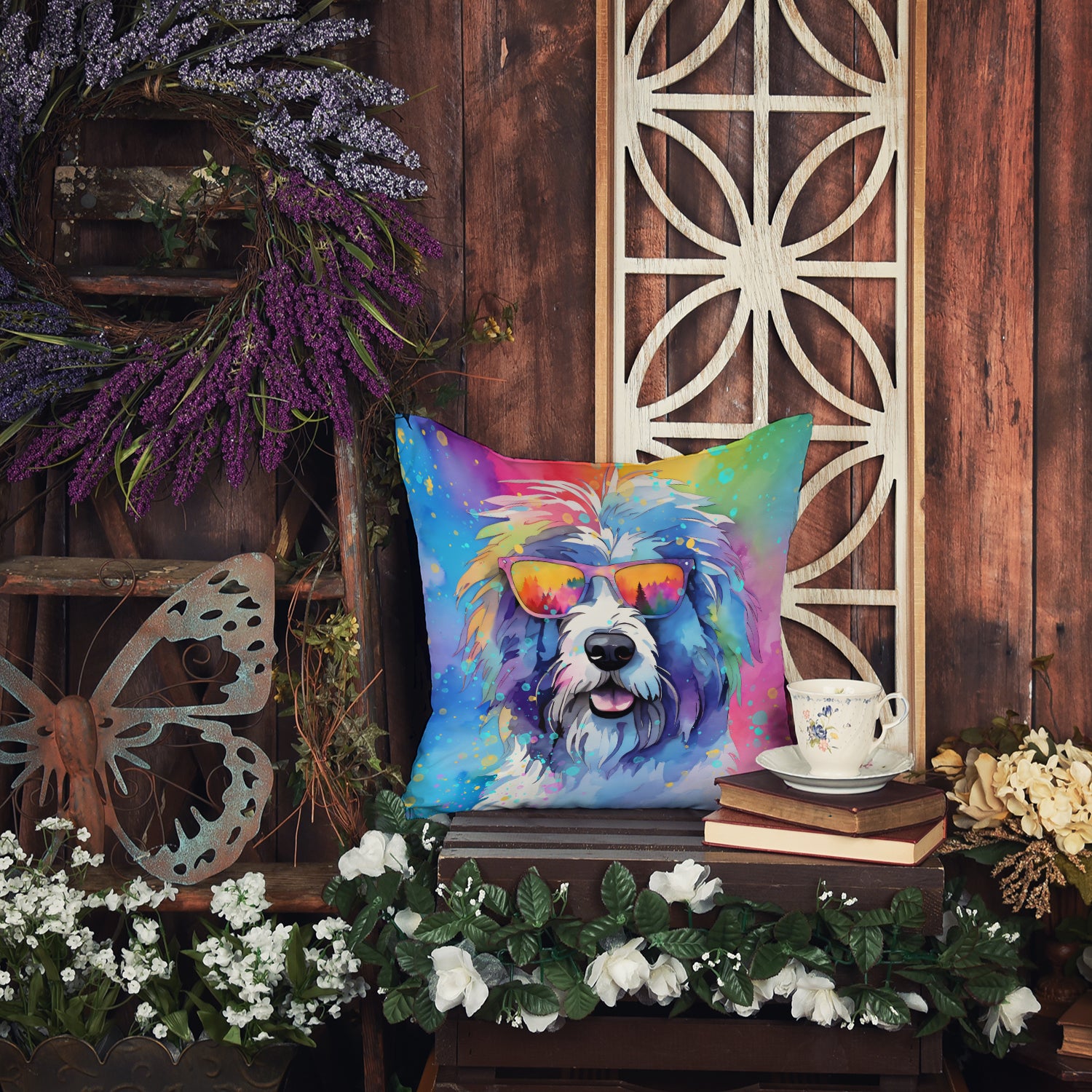 Old English Sheepdog Hippie Dawg Fabric Decorative Pillow