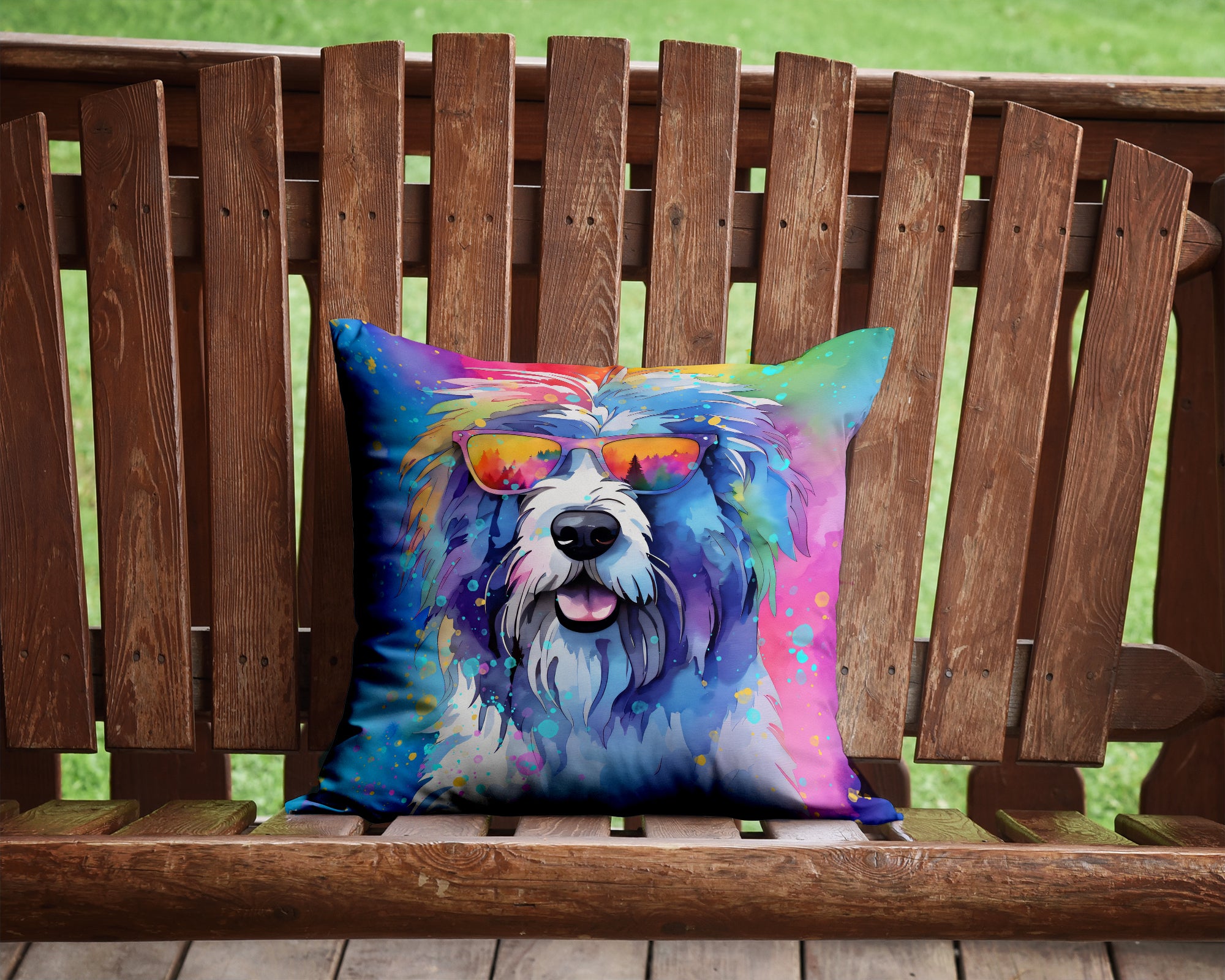 Old English Sheepdog Hippie Dawg Fabric Decorative Pillow