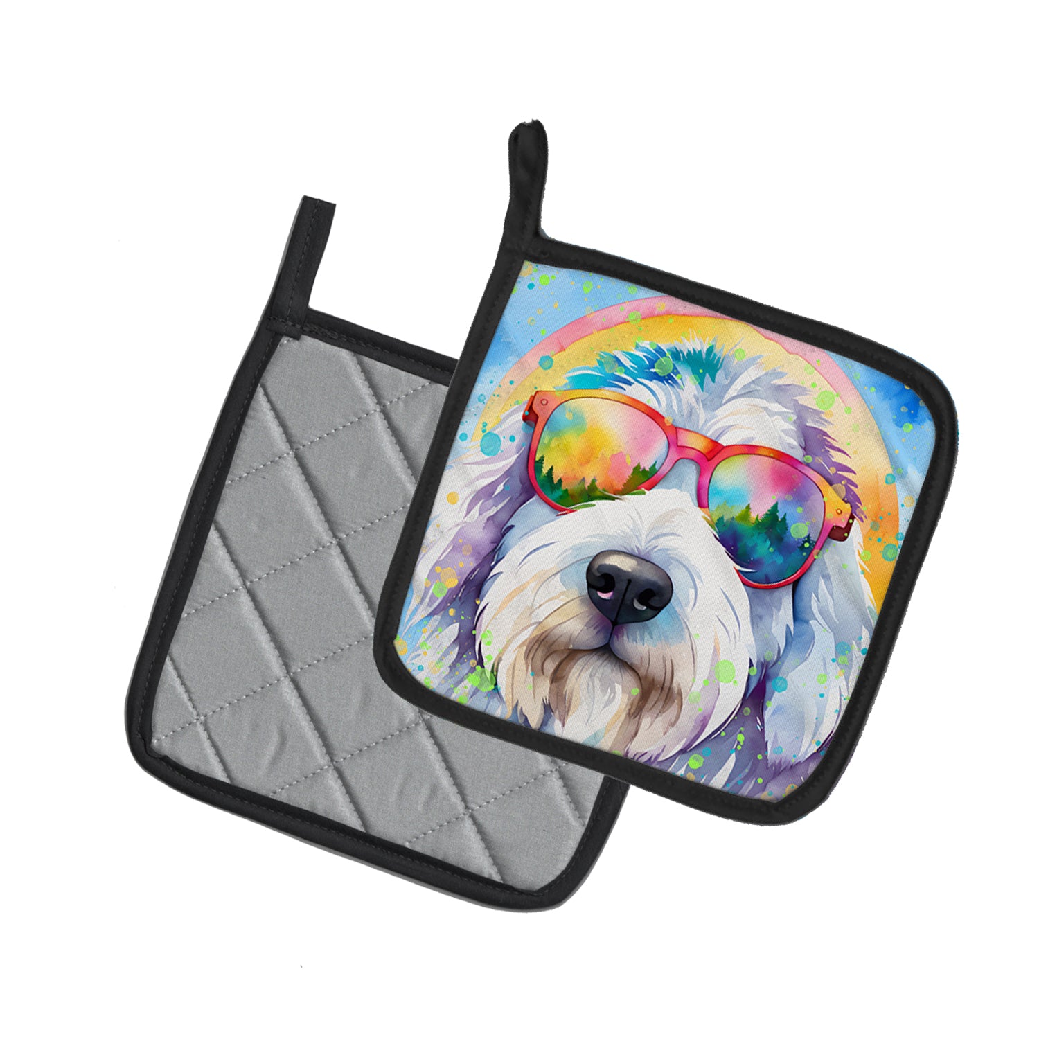 Old English Sheepdog Hippie Dawg Pair of Pot Holders