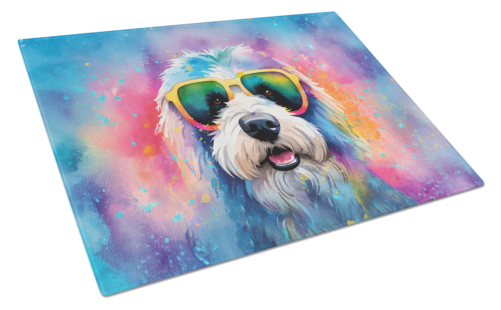 Buy this Old English Sheepdog Hippie Dawg Glass Cutting Board Large