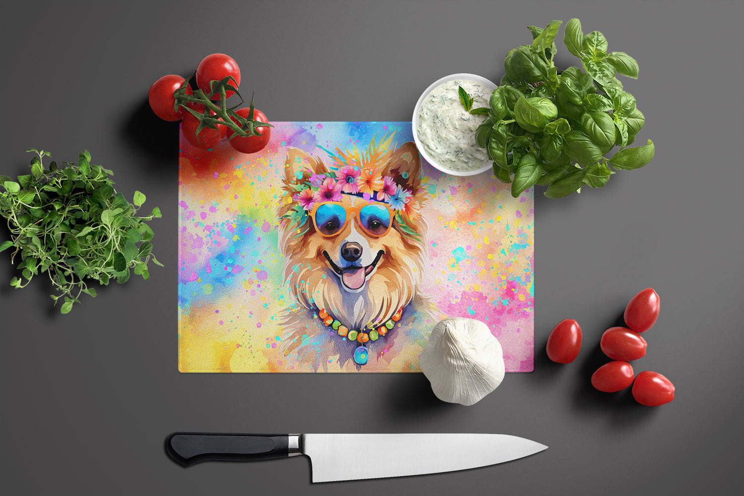 Pomeranian Hippie Dawg Glass Cutting Board Large