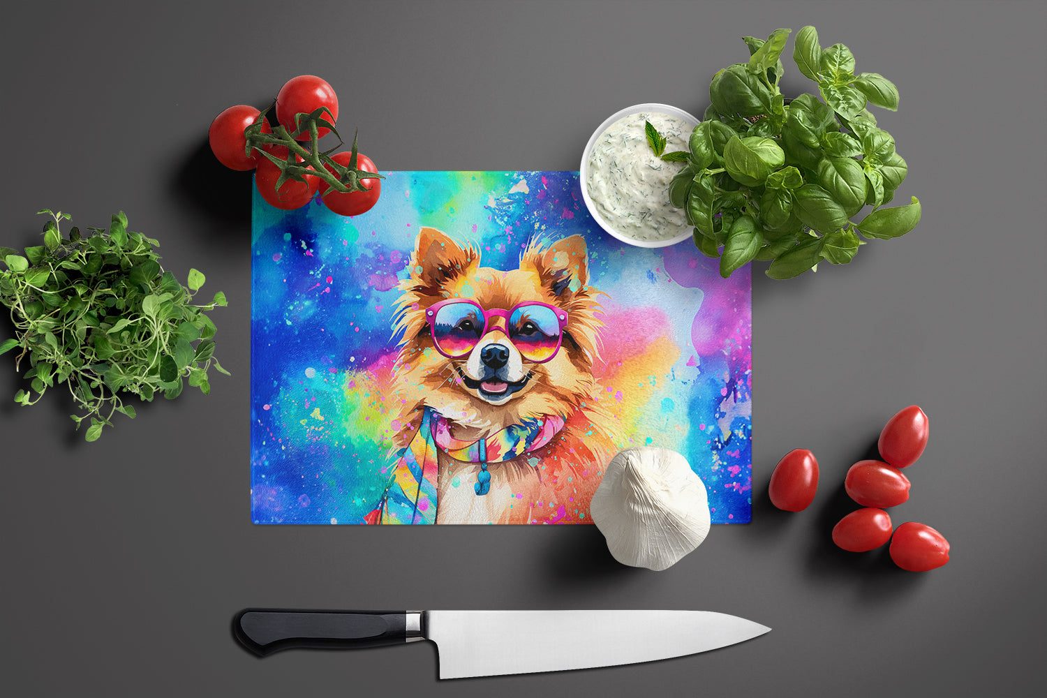 Pomeranian Hippie Dawg Glass Cutting Board Large