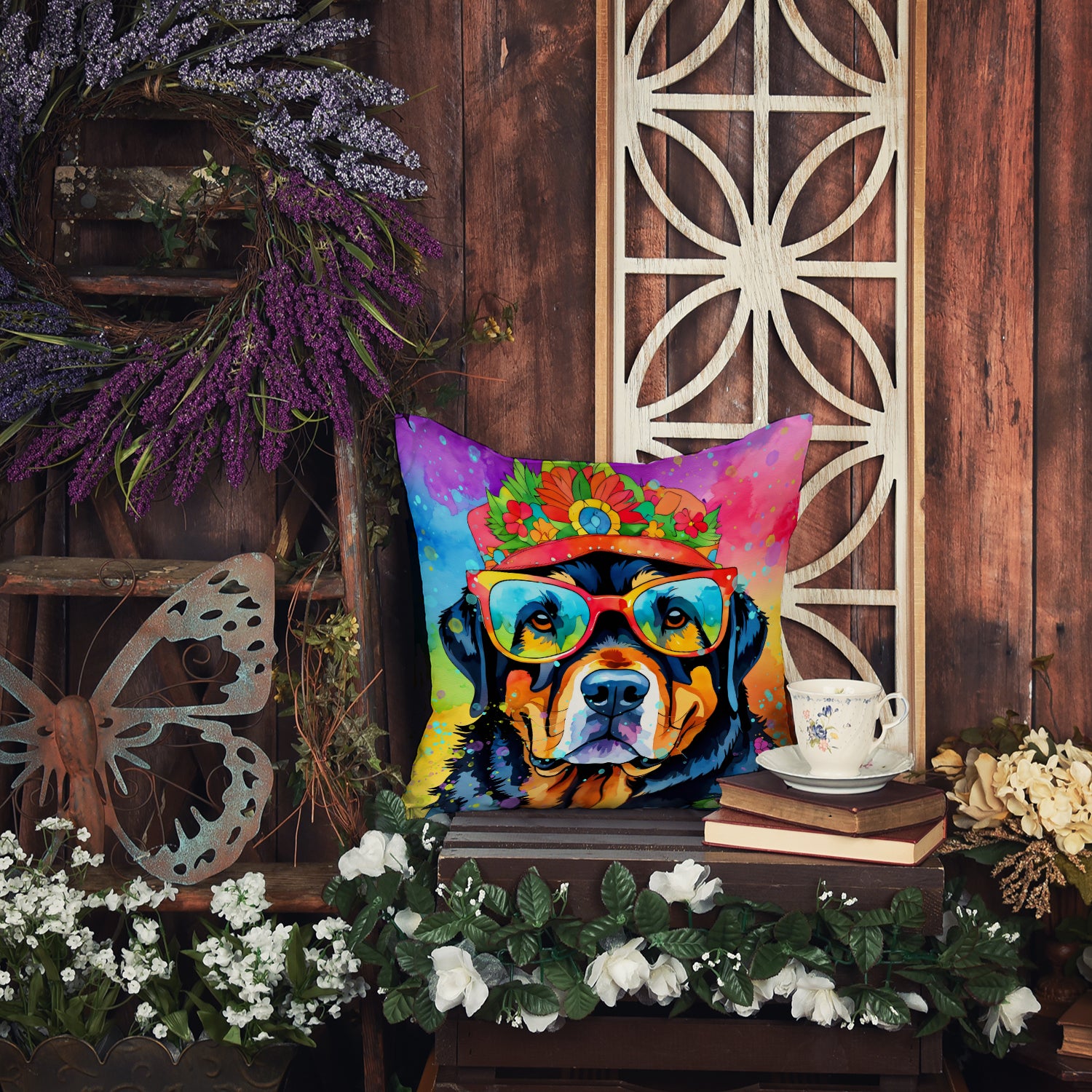 Rottweiler Hippie Dawg Fabric Decorative Pillow