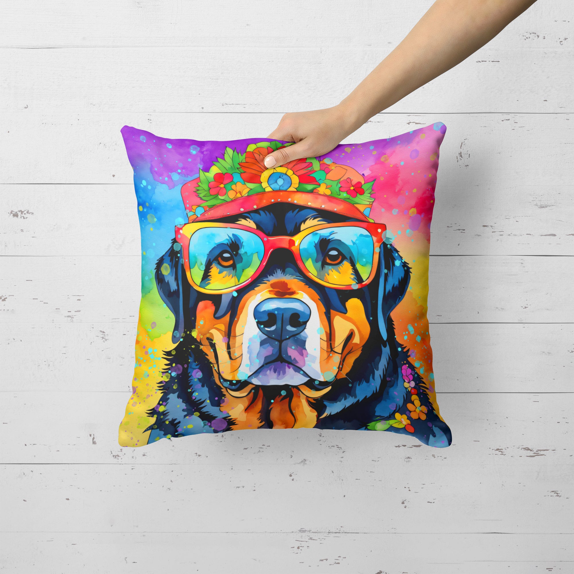 Rottweiler Hippie Dawg Fabric Decorative Pillow