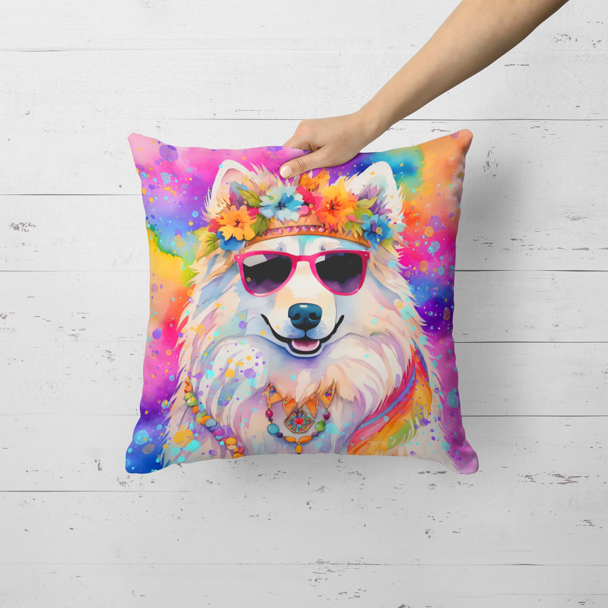 Samoyed Hippie Dawg Fabric Decorative Pillow