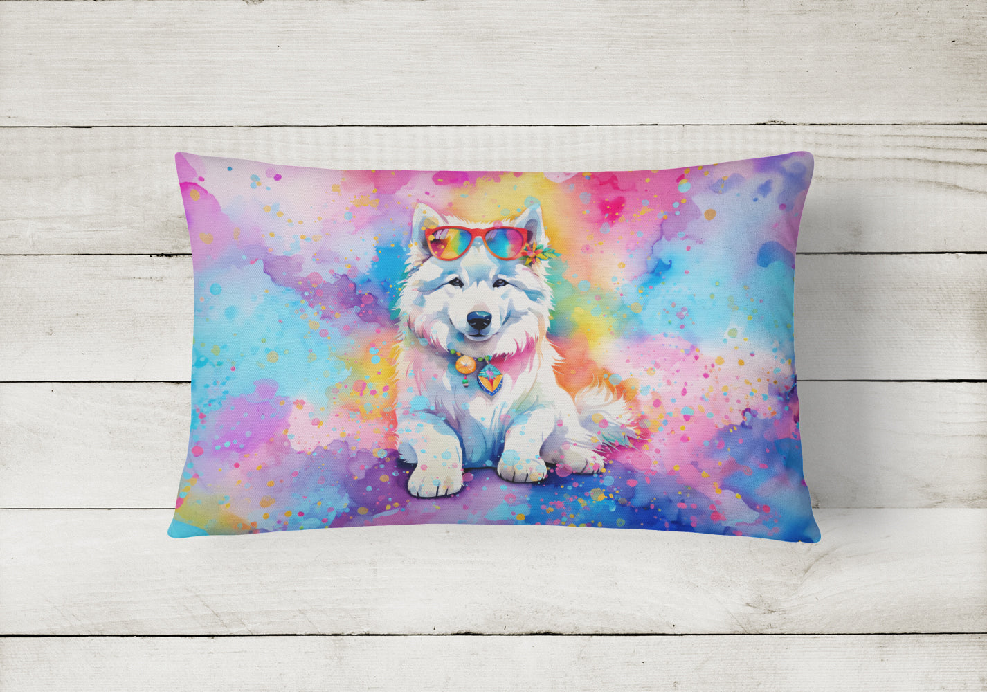 Samoyed Hippie Dawg Fabric Decorative Pillow