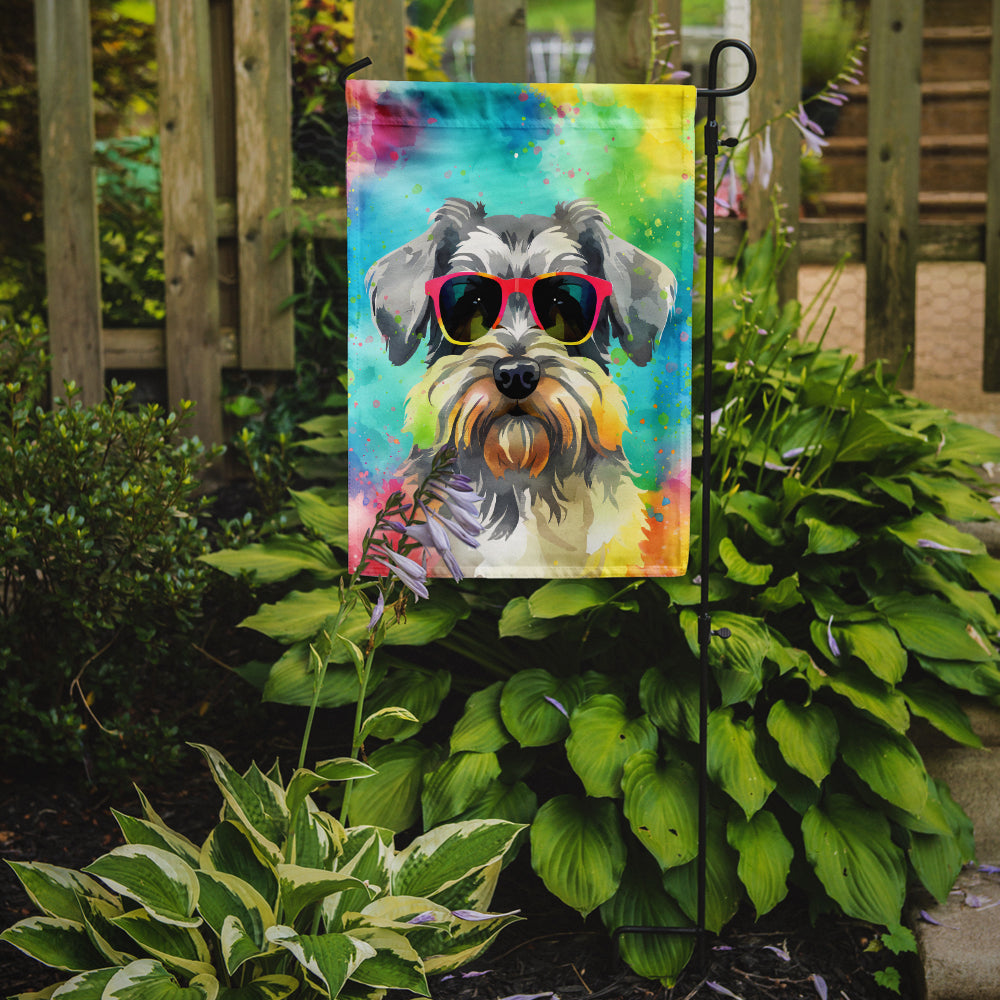 Caroline's Treasures Schnauzer Hippie Dawg Garden Flag – Retro Dog with Sunglasses & Multicolored Background