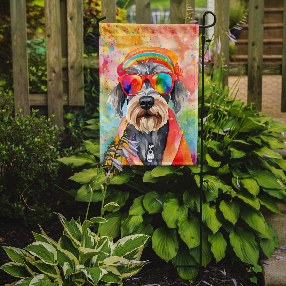 Caroline's Treasures Schnauzer Hippie Dawg Garden Flag – Retro Dog with Sunglasses & Multicolored Background