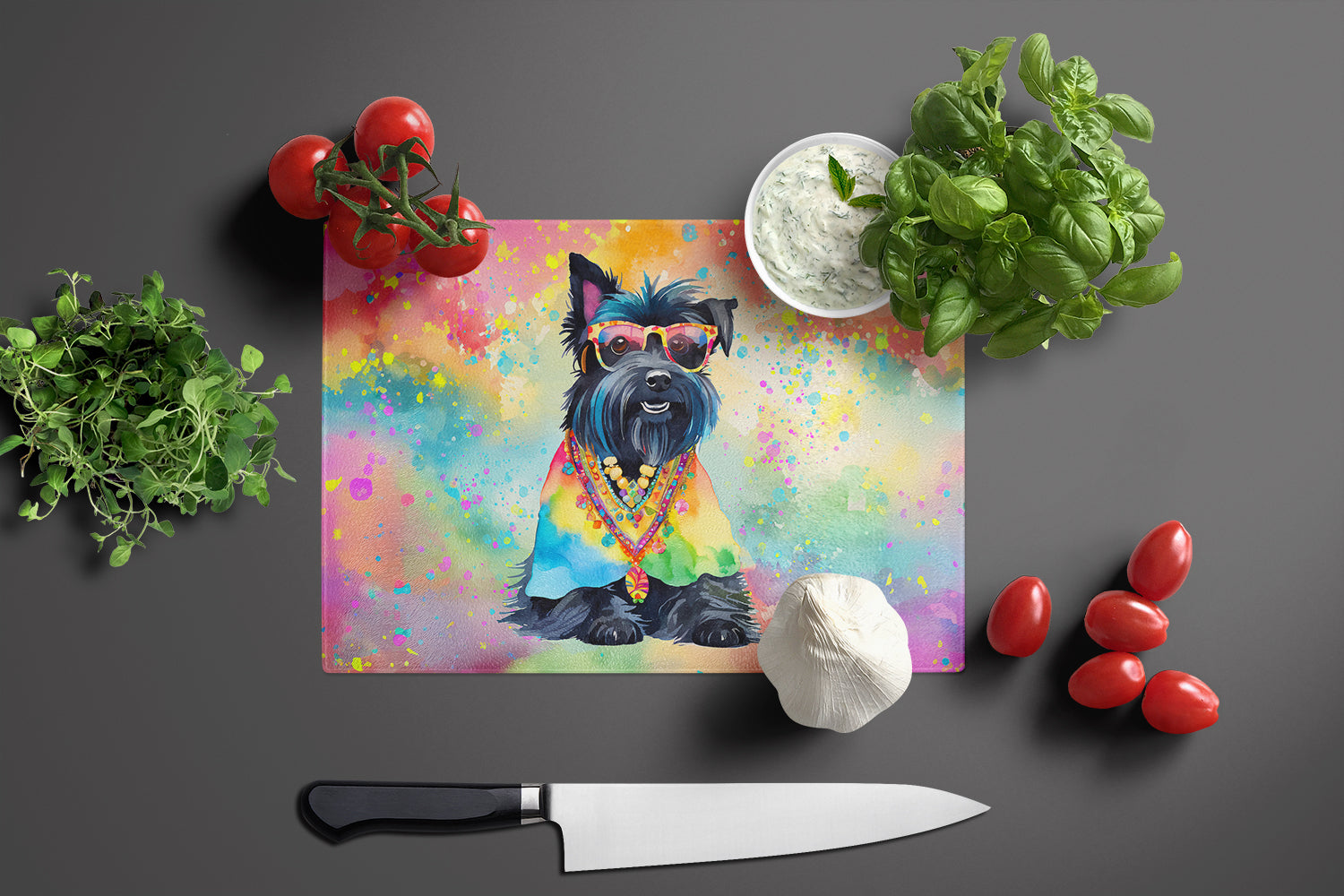 Scottish Terrier Hippie Dawg Glass Cutting Board Large