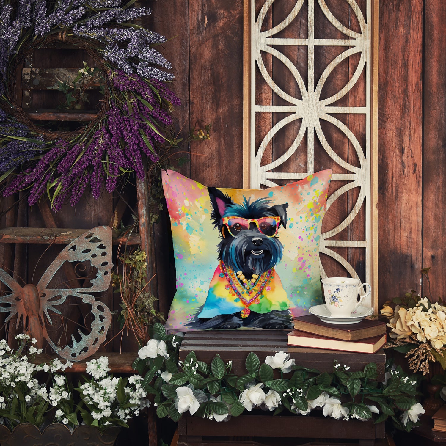 Scottish Terrier Hippie Dawg Fabric Decorative Pillow