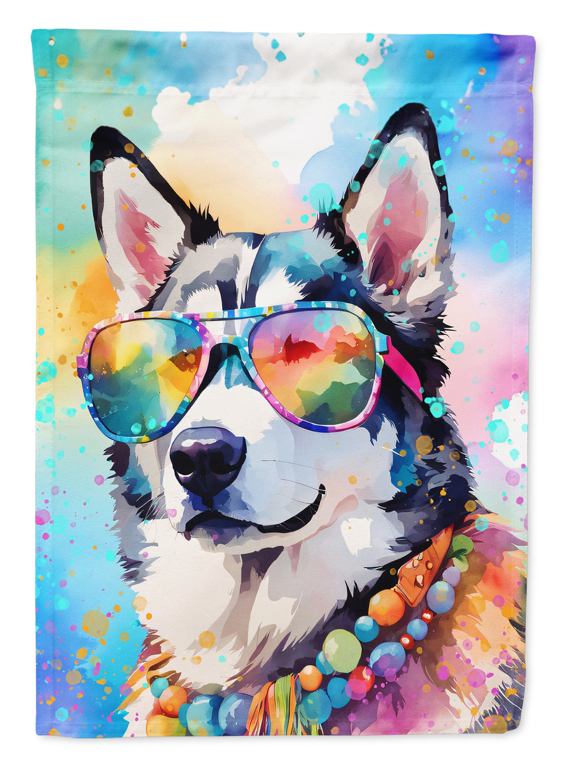 Caroline's Treasures Siberian Husky Hippie Dawg Garden Flag – Retro Dog with Sunglasses & Multicolored Background
