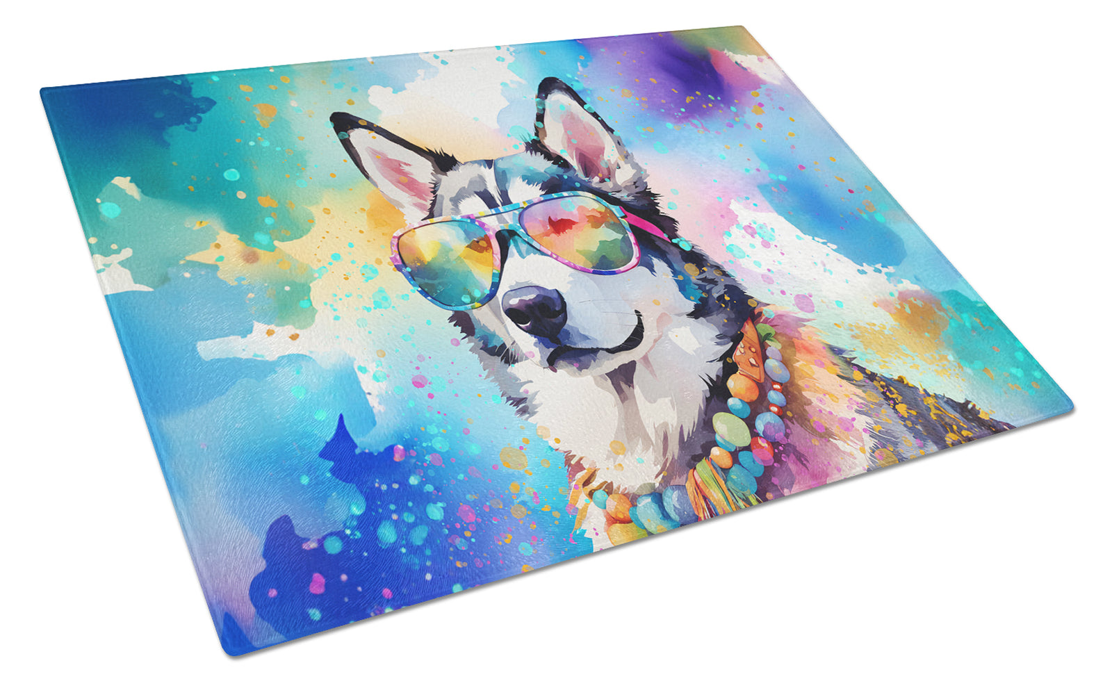 Buy this Siberian Husky Hippie Dawg Glass Cutting Board Large