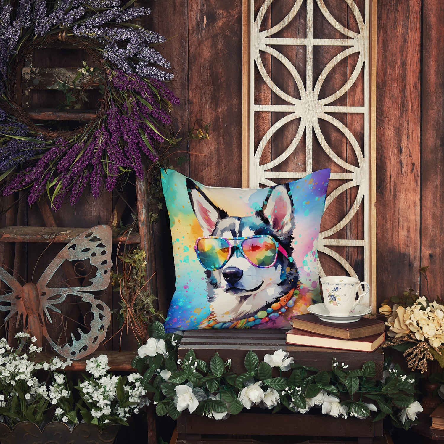 Siberian Husky Hippie Dawg Fabric Decorative Pillow