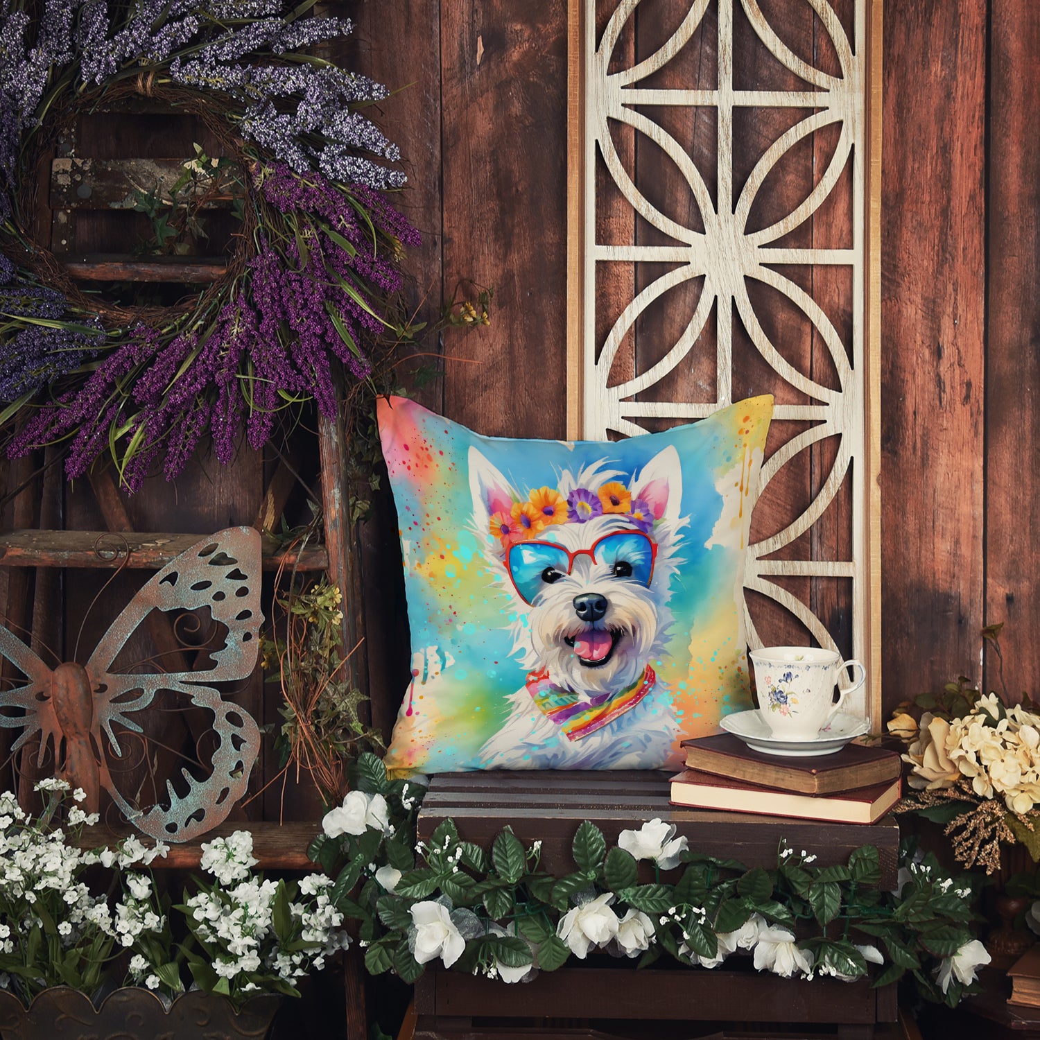 Westie Hippie Dawg Fabric Decorative Pillow