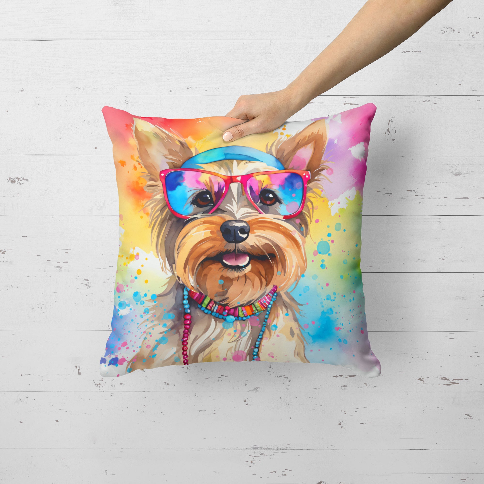 Yorkshire Terrier Hippie Dawg Fabric Decorative Pillow