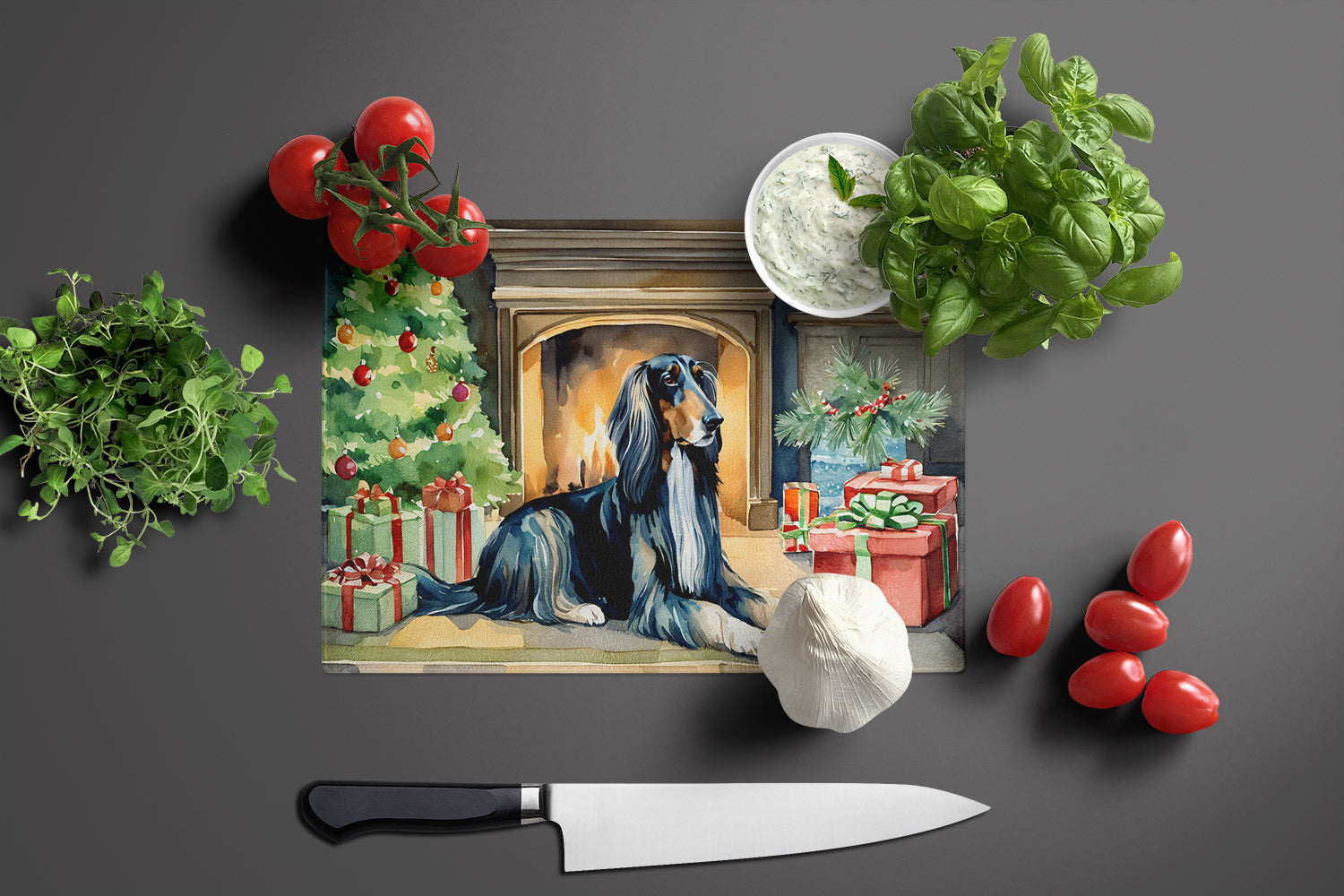 Afghan Hound Cozy Christmas Glass Cutting Board Large