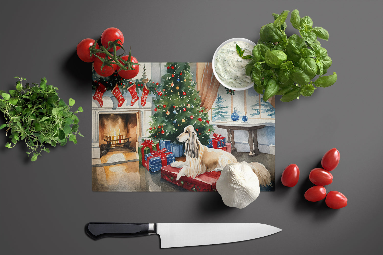 Afghan Hound Cozy Christmas Glass Cutting Board Large