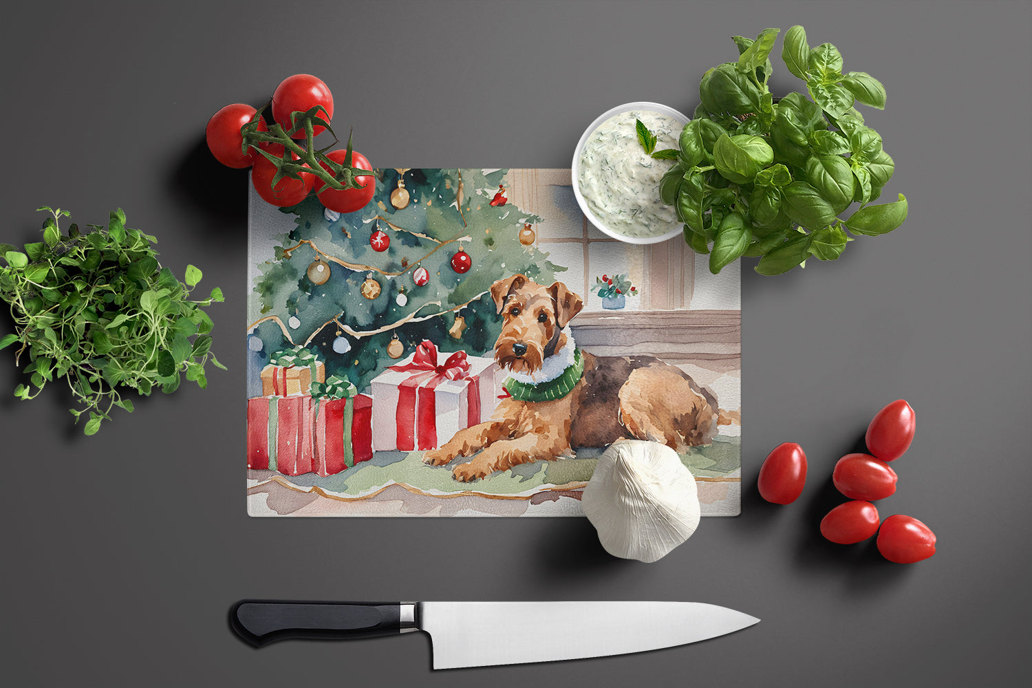 Airedale Terrier Cozy Christmas Glass Cutting Board Large