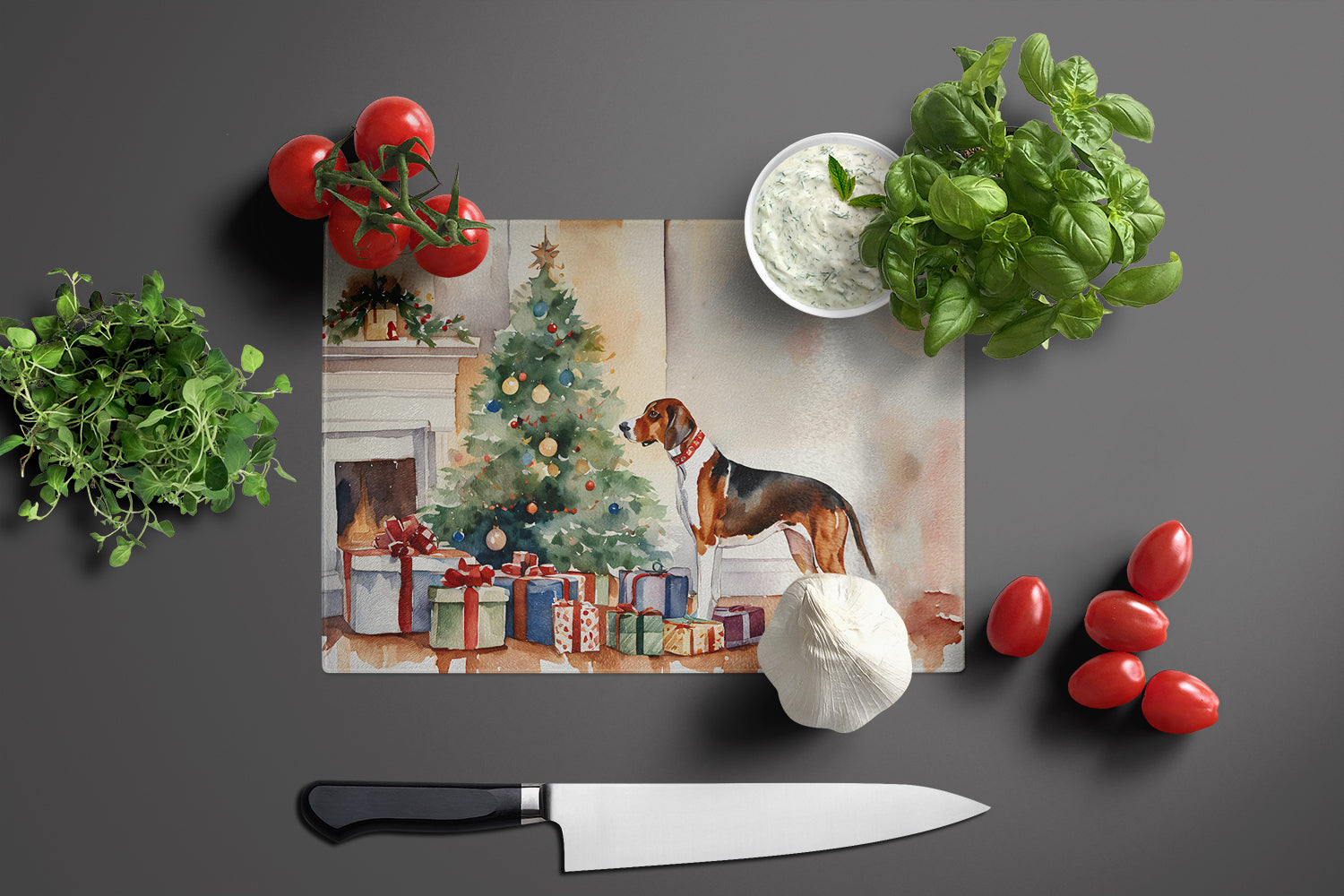American English Coonhound Cozy Christmas Glass Cutting Board Large