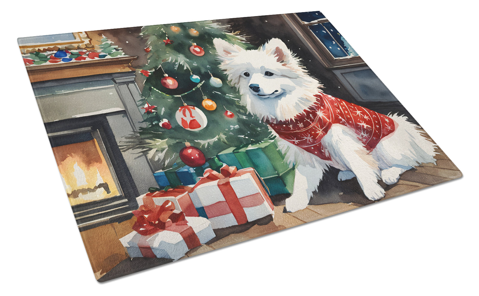Buy this American Eskimo Cozy Christmas Glass Cutting Board Large