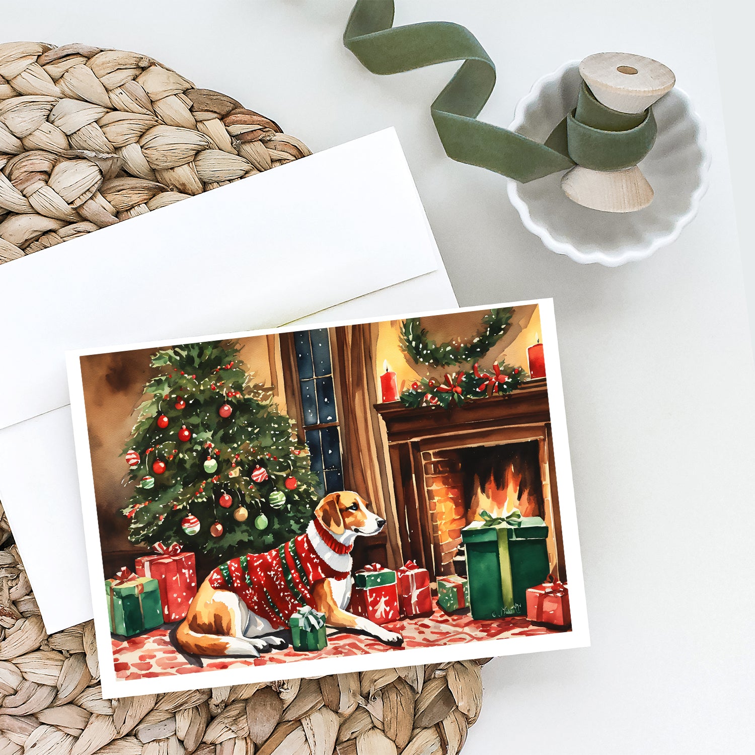 Caroline's Treasures American Foxhound Cozy Christmas Greeting Cards - Blank Note Cards – 8-Pack of Artist-Designed Cards with Envelopes