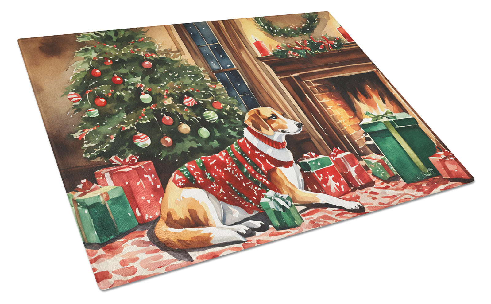 Buy this American Foxhound Cozy Christmas Glass Cutting Board Large