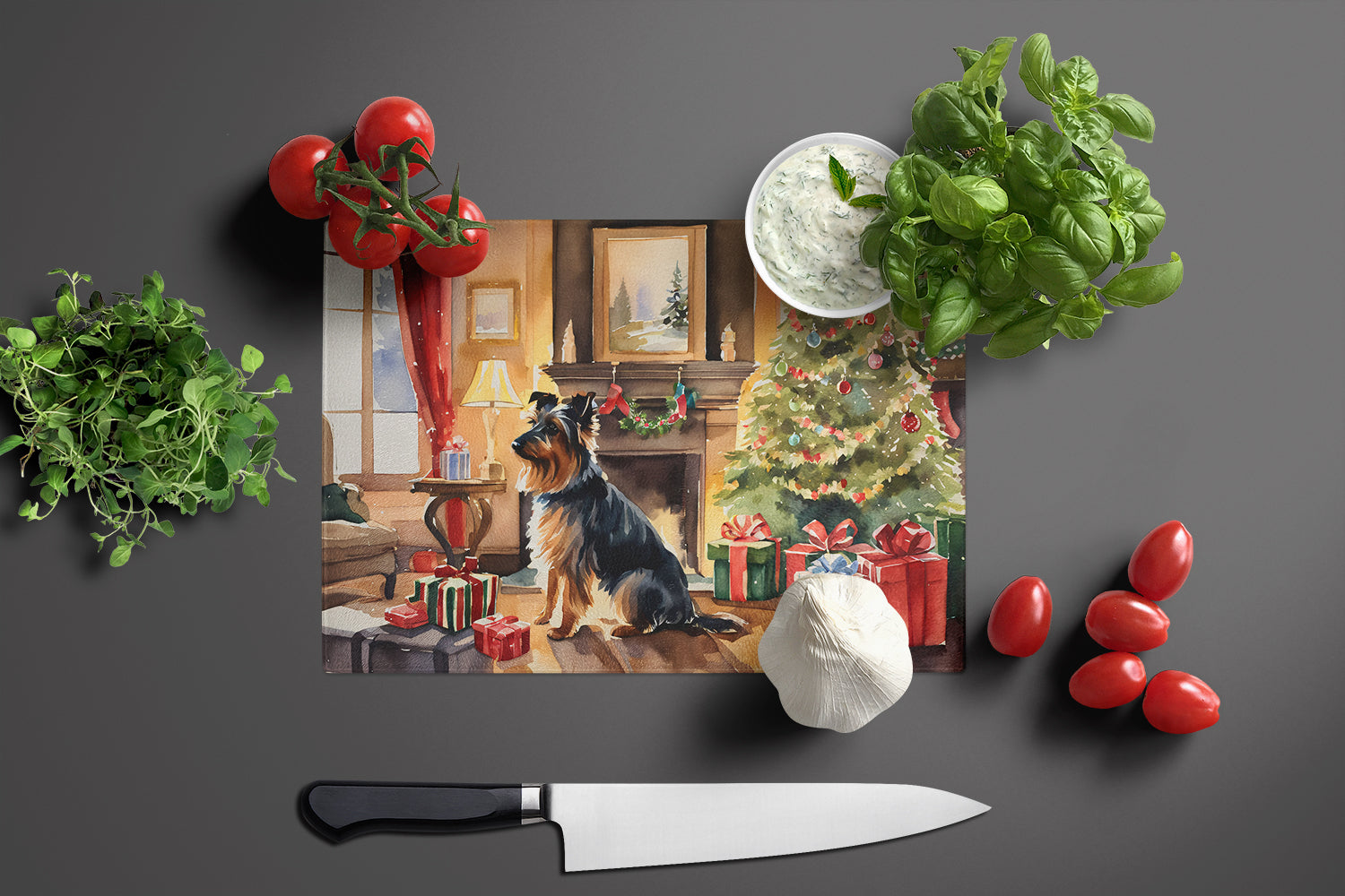 Australian Terrier Cozy Christmas Glass Cutting Board Large