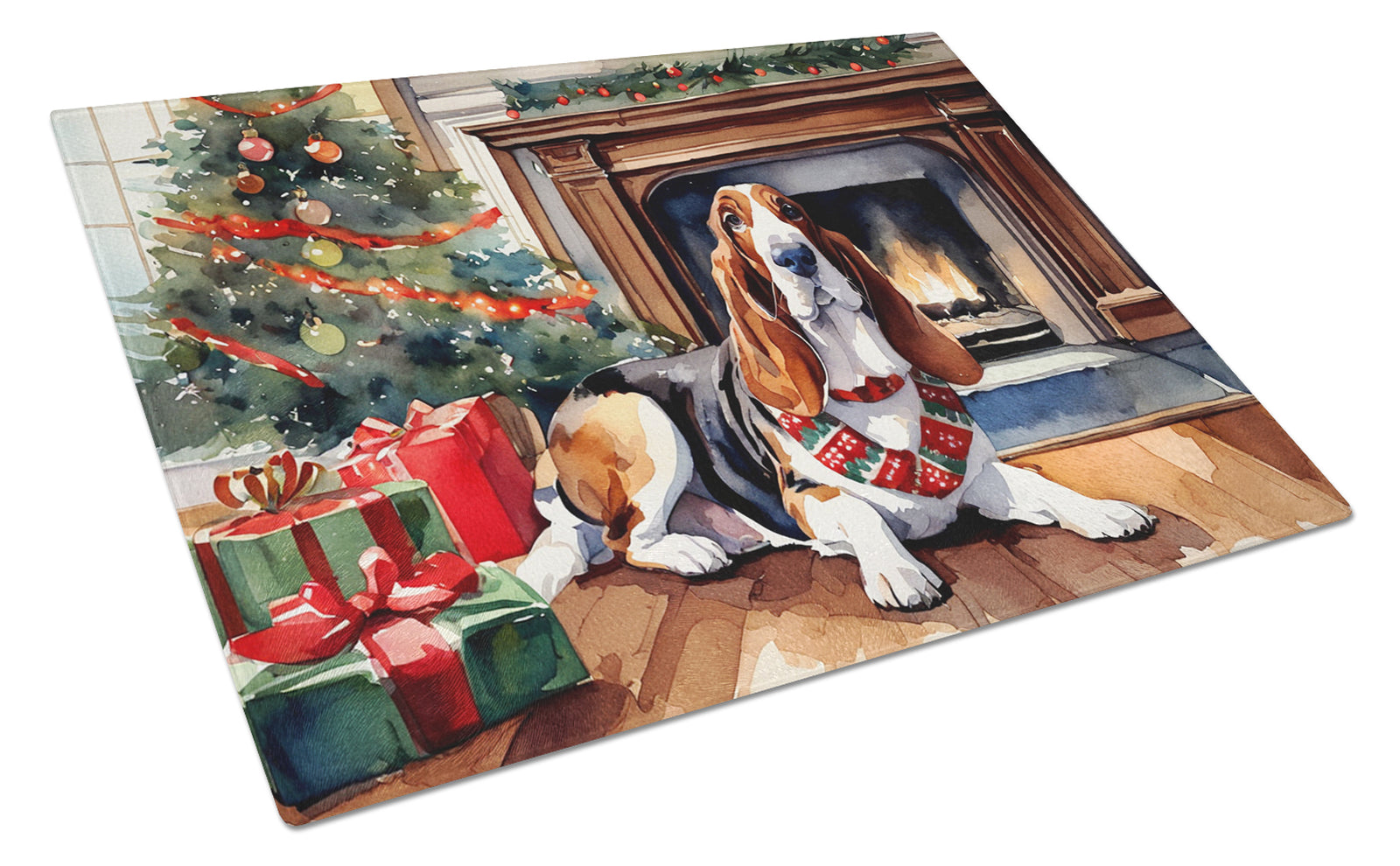 Buy this Basset Hound Cozy Christmas Glass Cutting Board Large