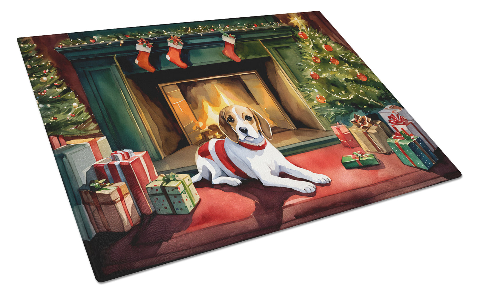 Buy this Beagle Cozy Christmas Glass Cutting Board Large