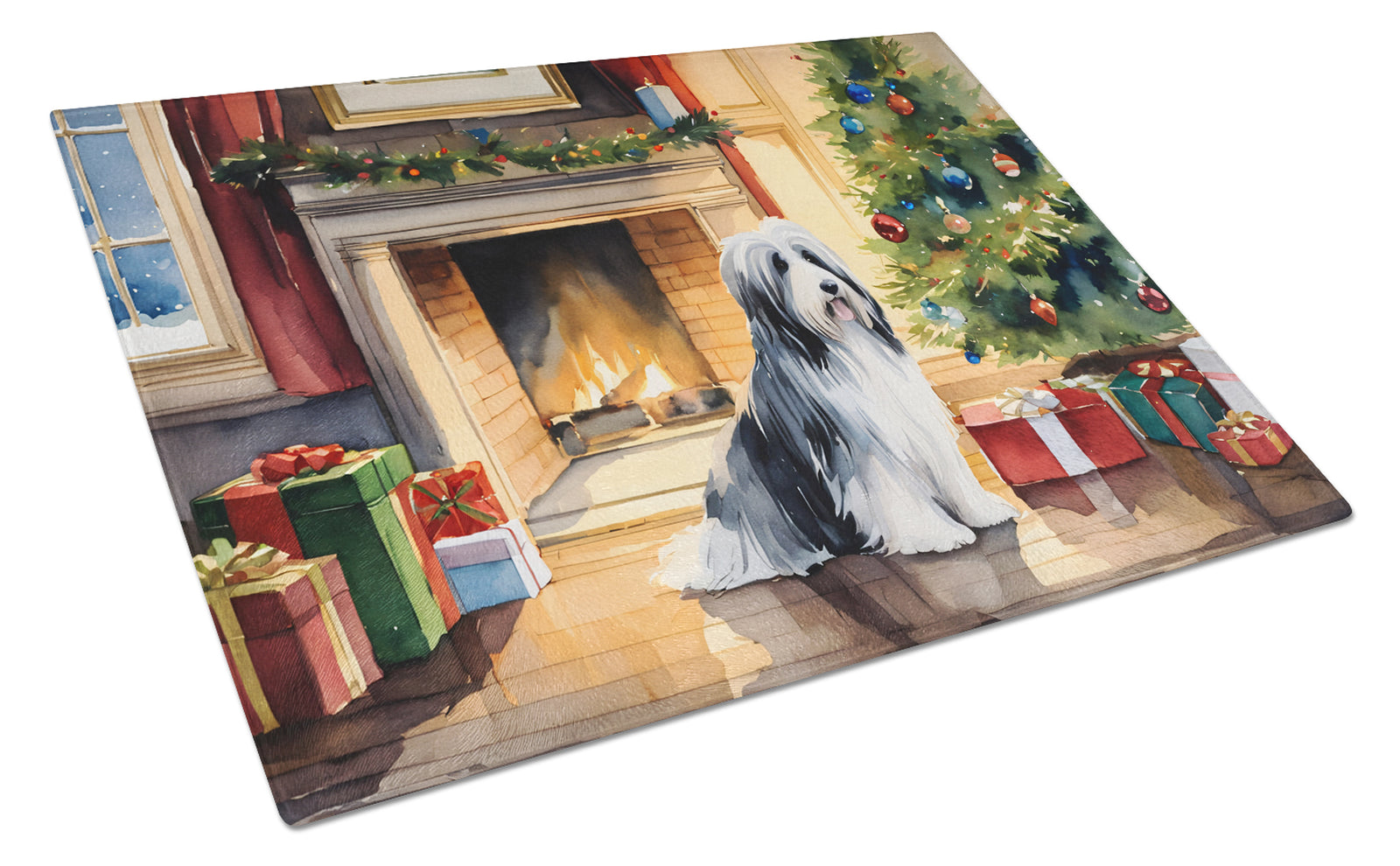 Buy this Bearded Collie Cozy Christmas Glass Cutting Board Large