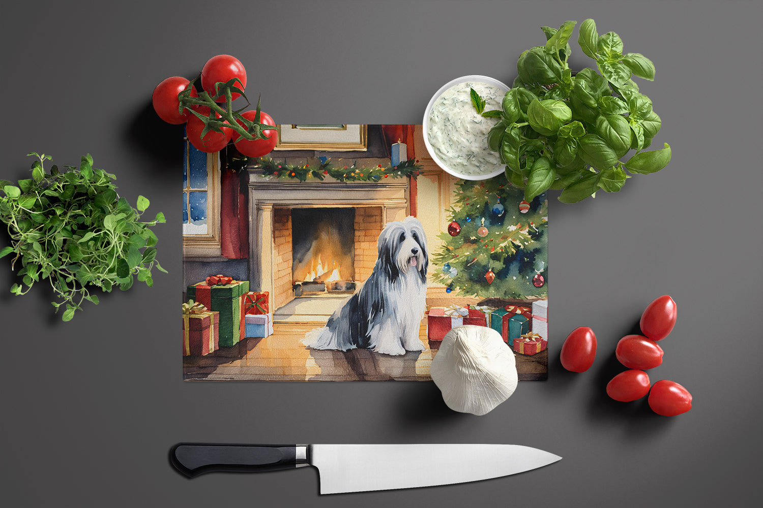 Bearded Collie Cozy Christmas Glass Cutting Board Large