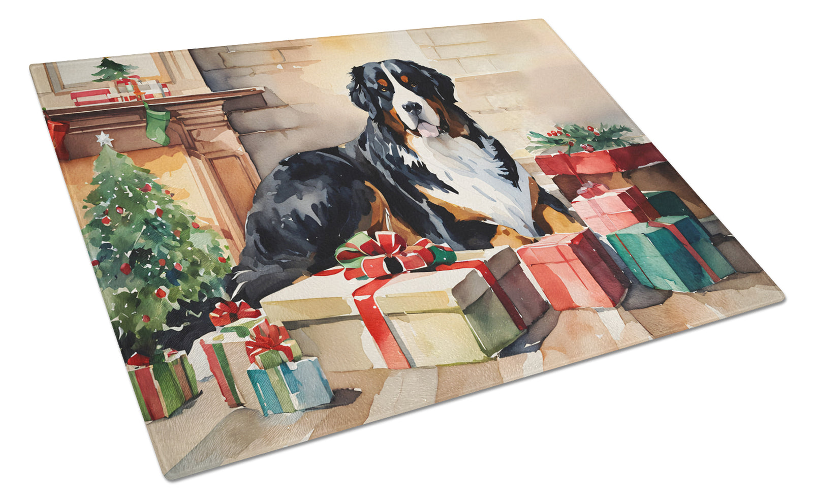 Buy this Bernese Mountain Dog Cozy Christmas Glass Cutting Board Large