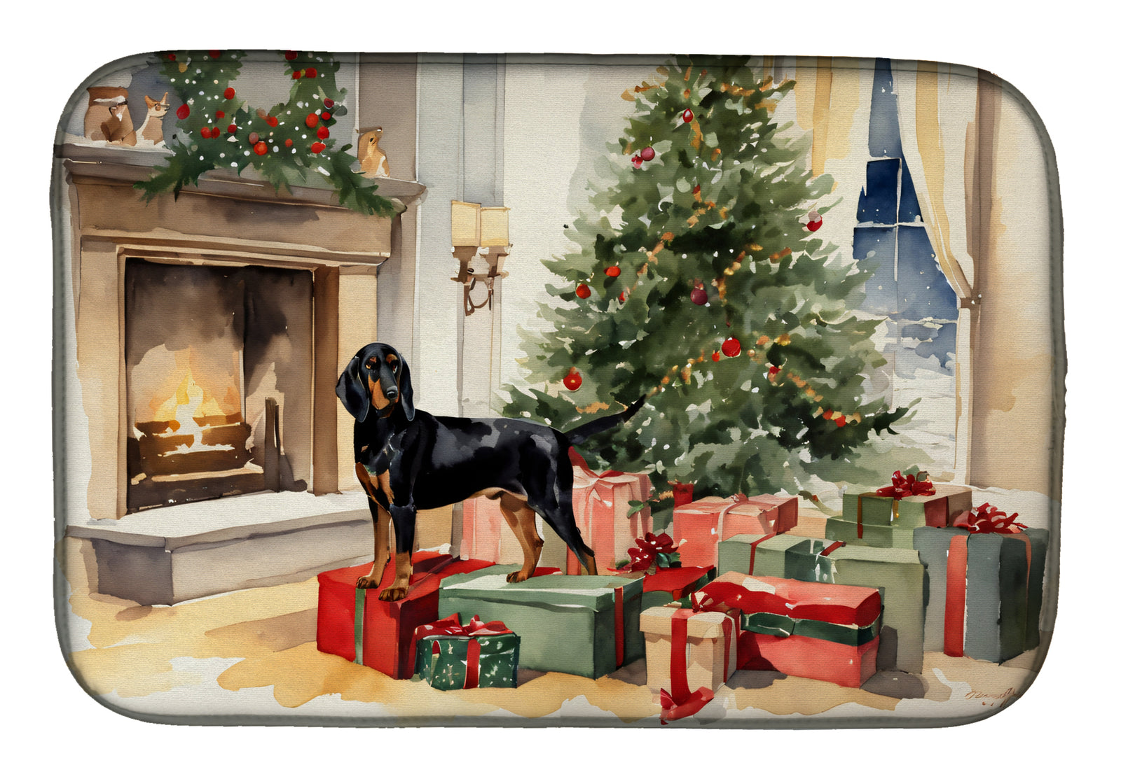 Buy this Black and Tan Coonhound Cozy Christmas Dish Drying Mat