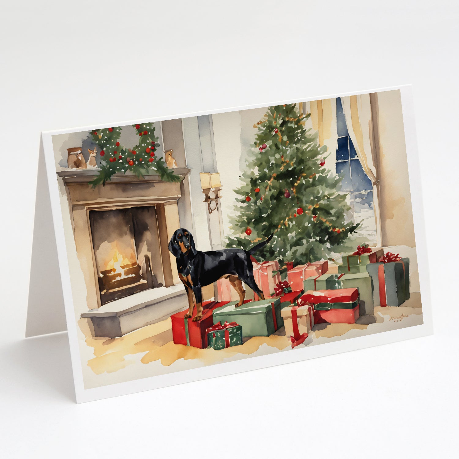 Buy this Black and Tan Coonhound Cozy Christmas Greeting Cards Pack of 8