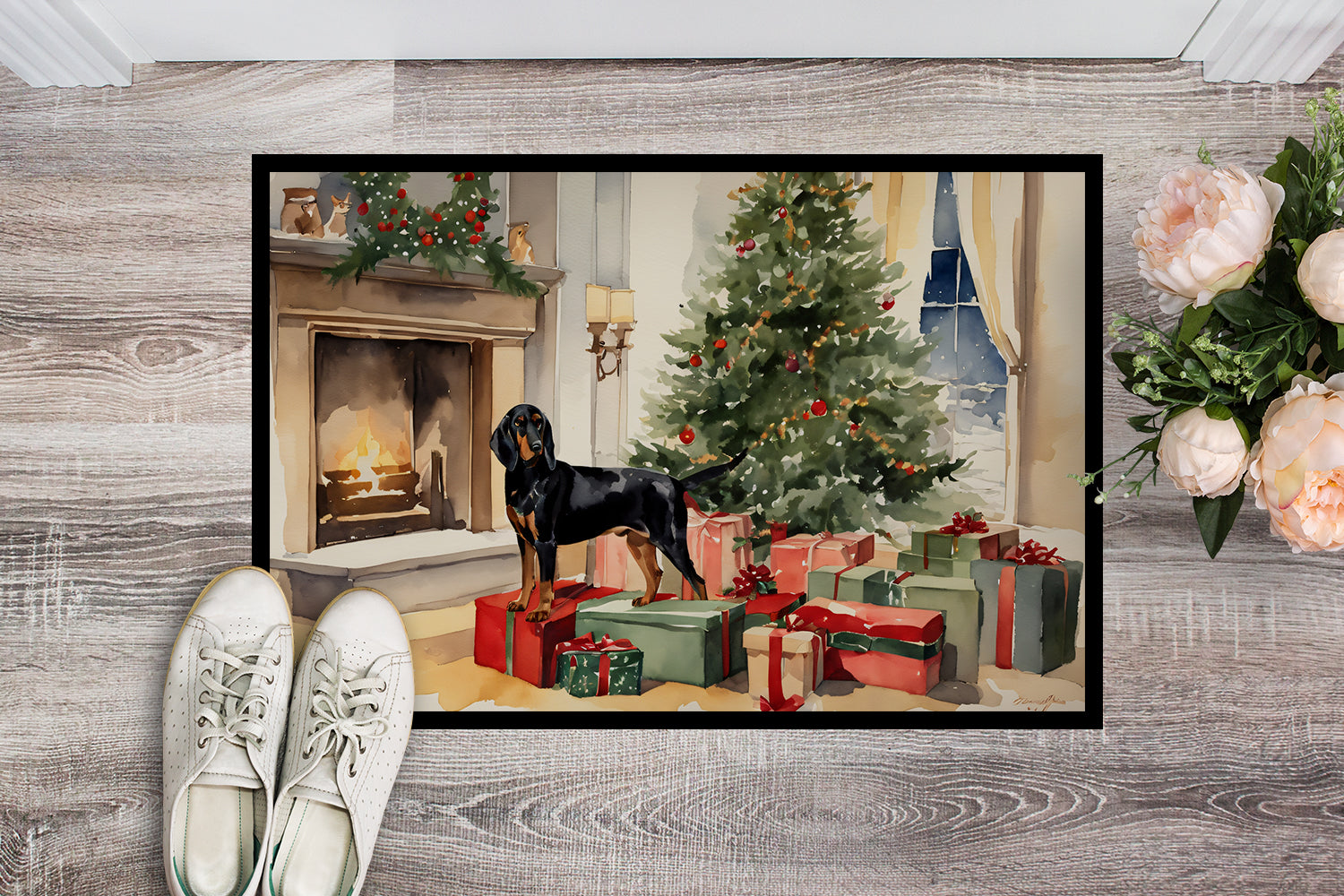 Buy this Black and Tan Coonhound Cozy Christmas Doormat