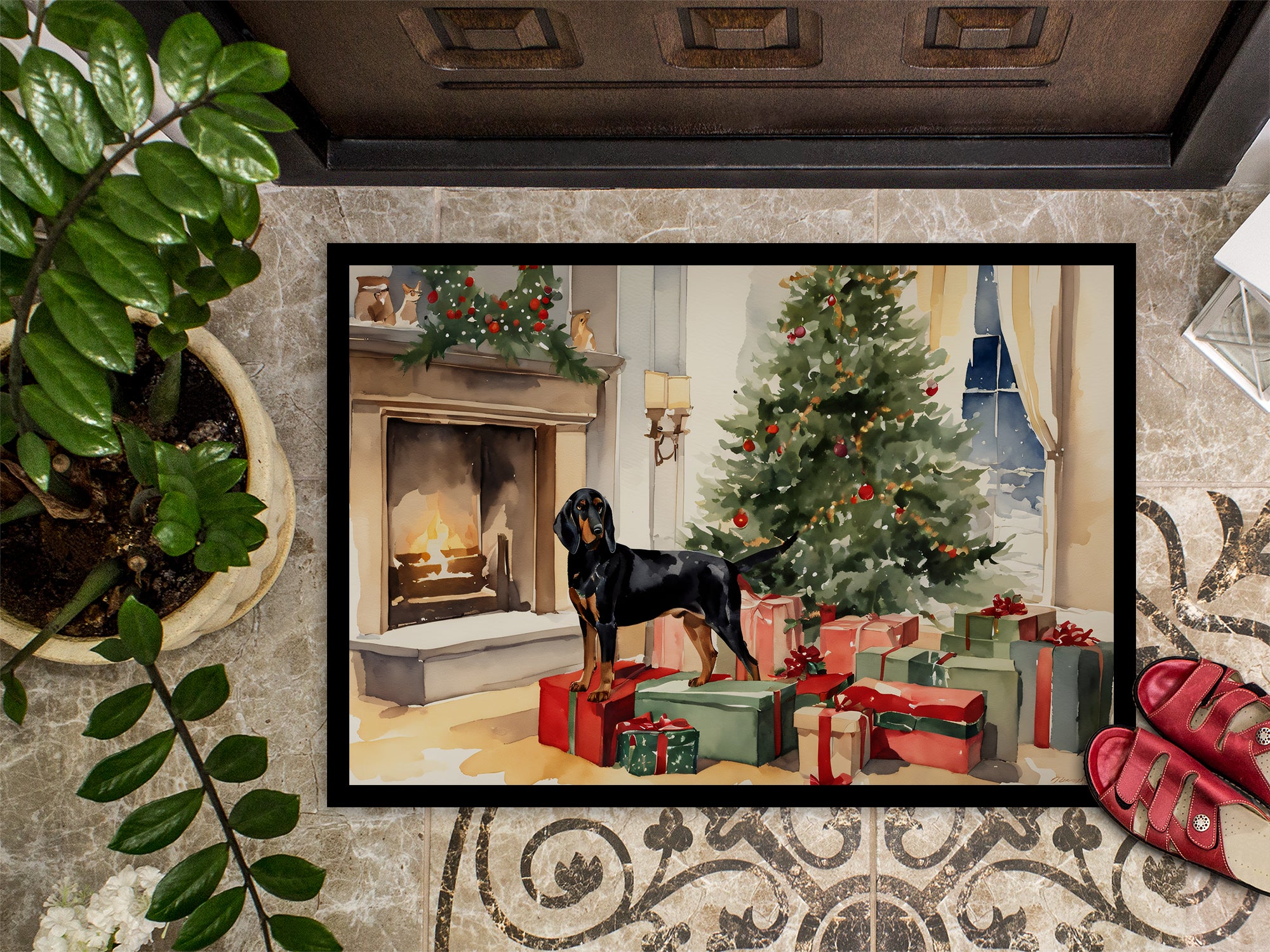 Black and Tan Coonhound Cozy Christmas Doormat