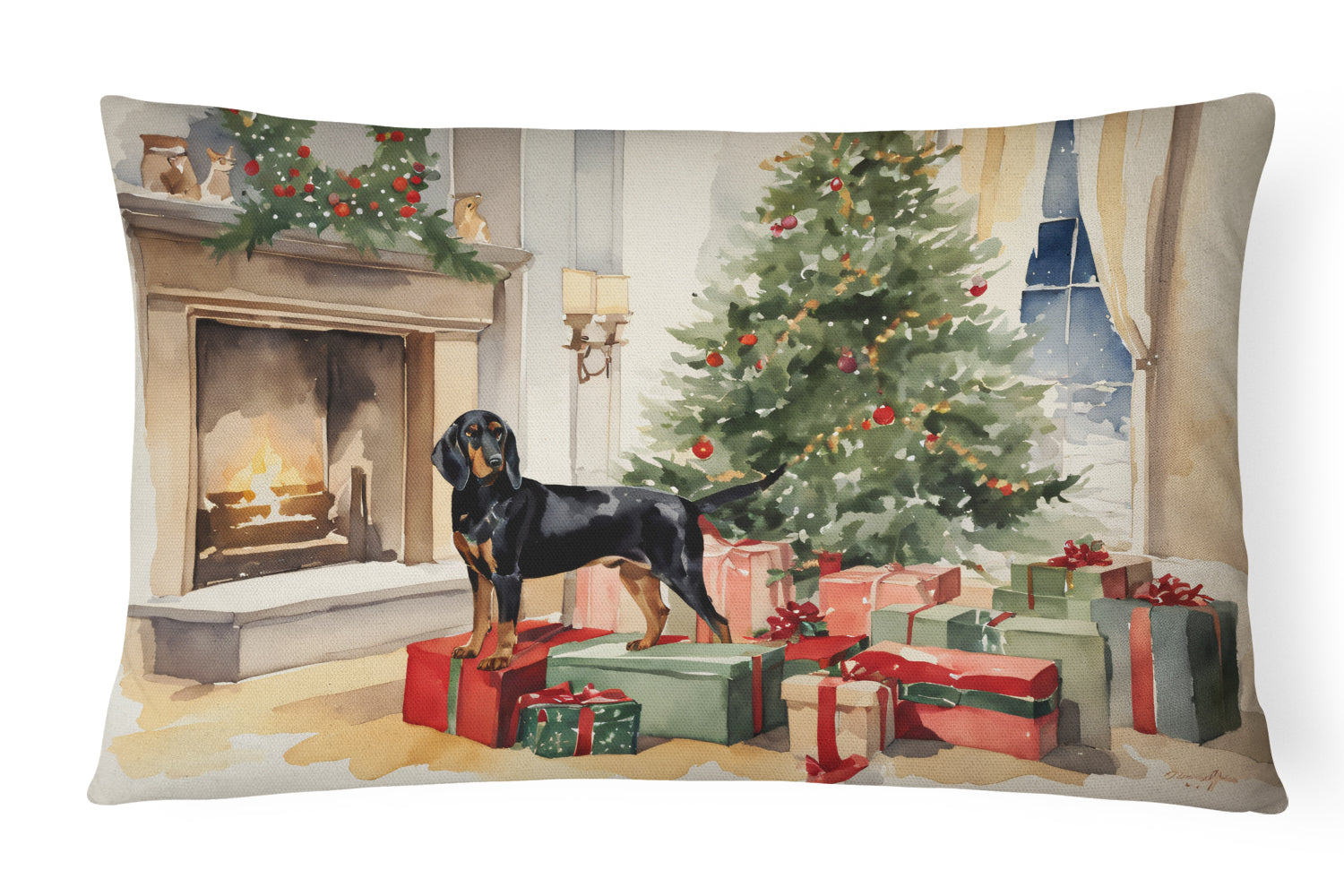 Buy this Black and Tan Coonhound Cozy Christmas Throw Pillow
