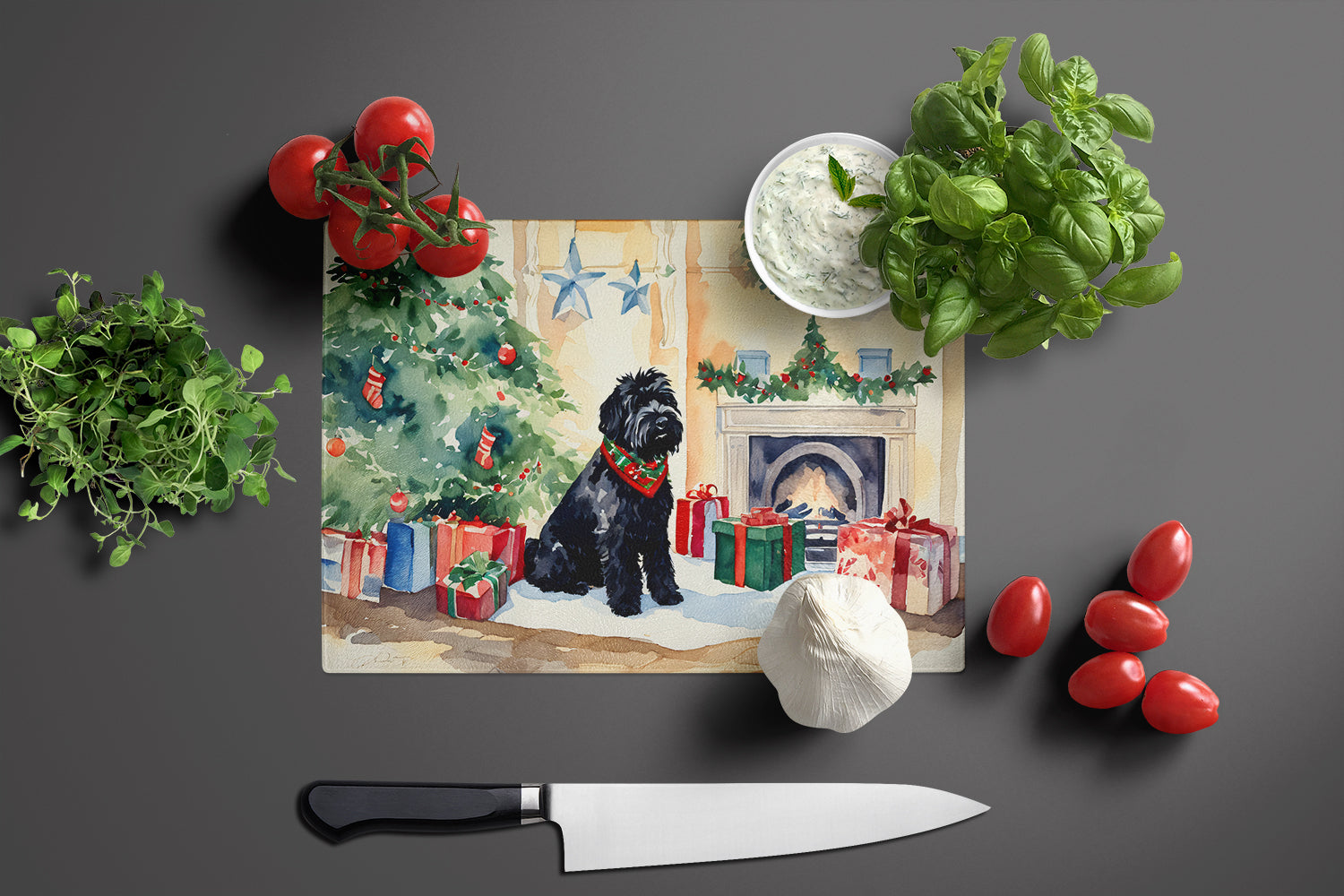 Black Russian Terrier Cozy Christmas Glass Cutting Board Large