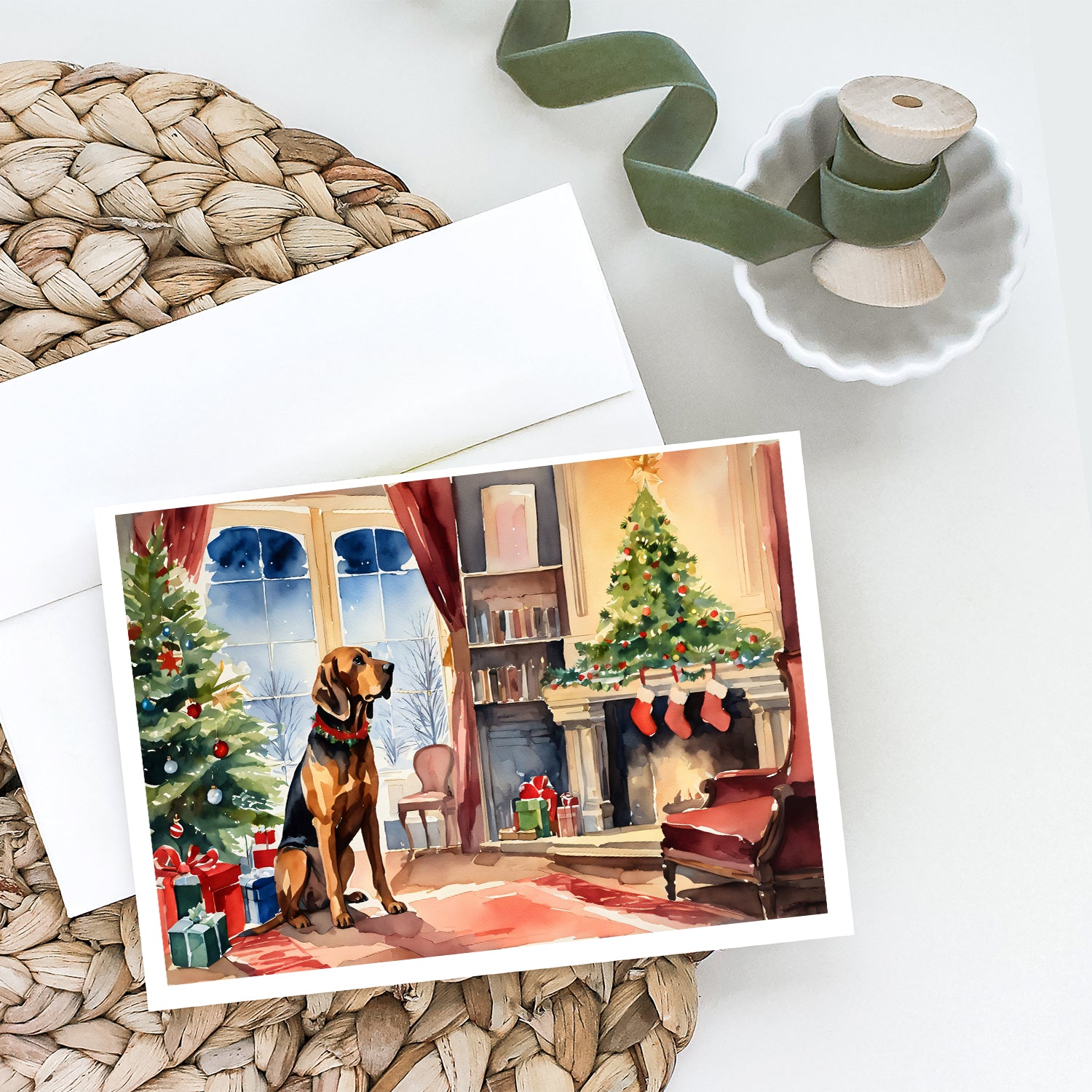 Bloodhound Cozy Christmas Greeting Cards Pack of 8
