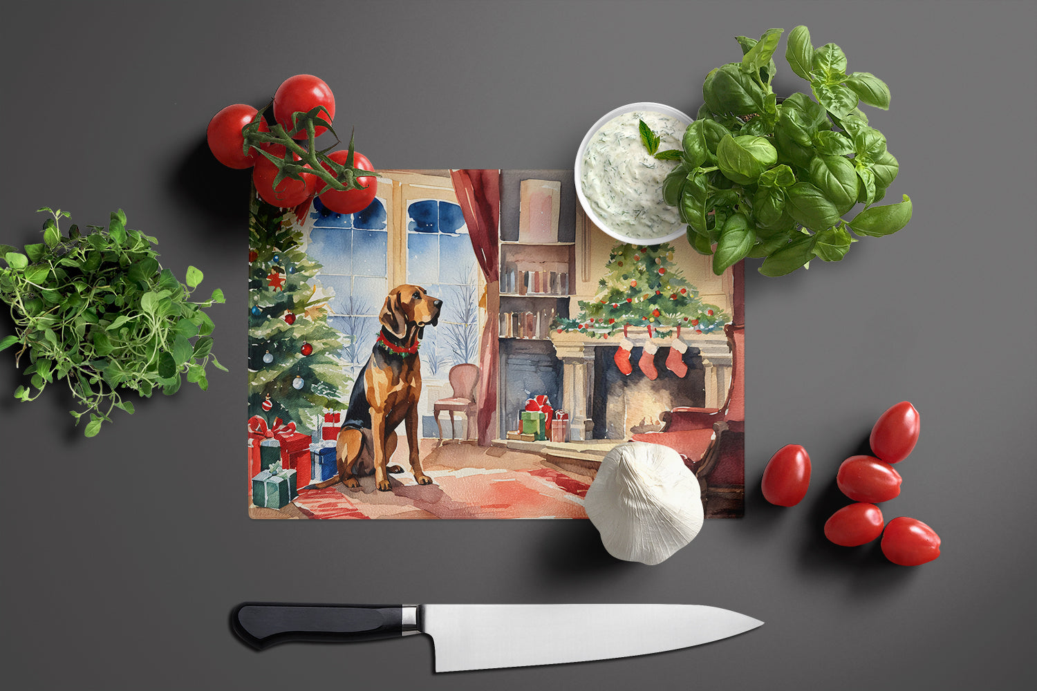 Bloodhound Cozy Christmas Glass Cutting Board Large