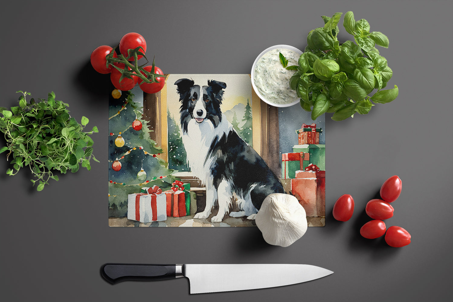 Border Collie Cozy Christmas Glass Cutting Board Large