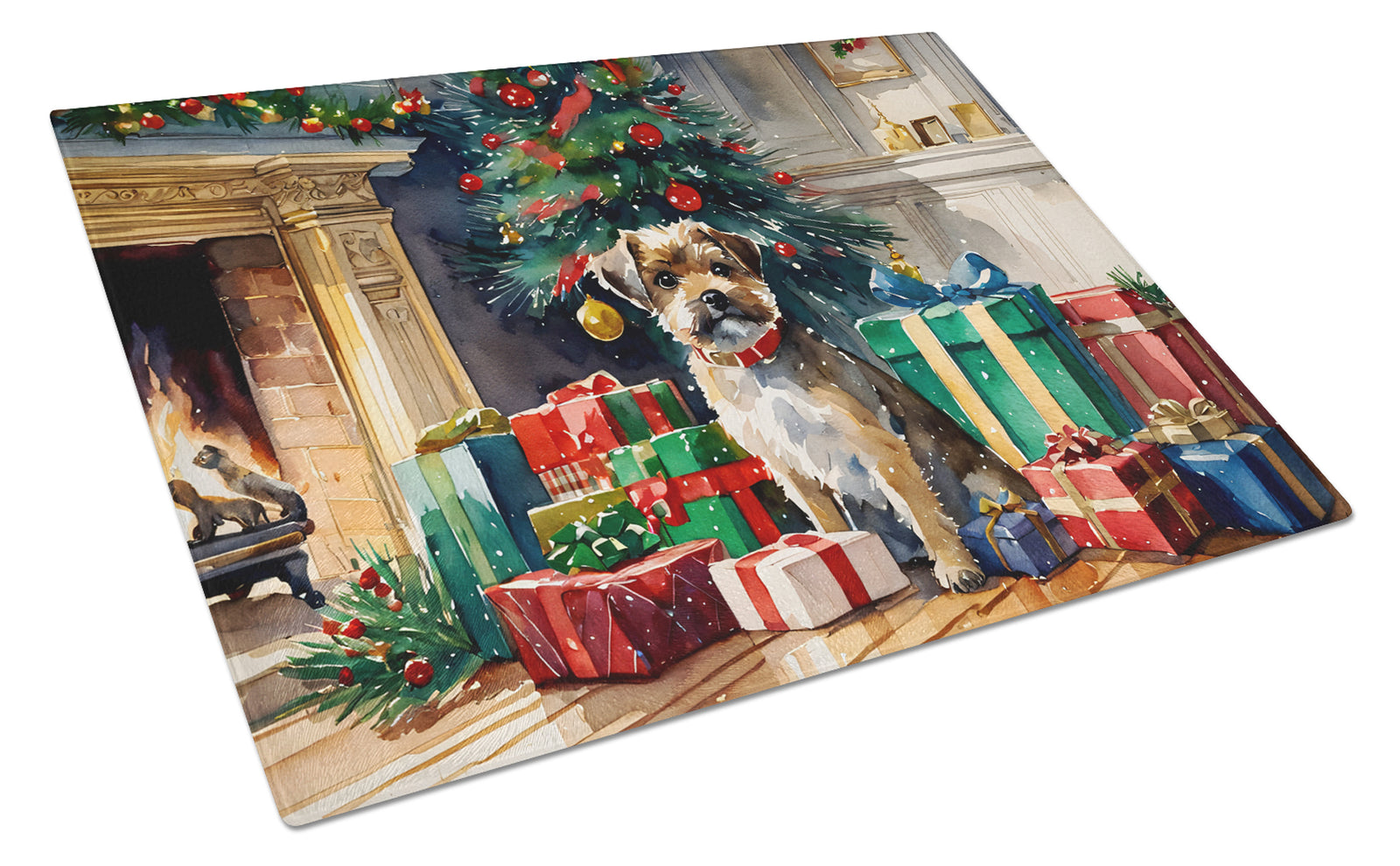 Buy this Border Terrier Cozy Christmas Glass Cutting Board Large