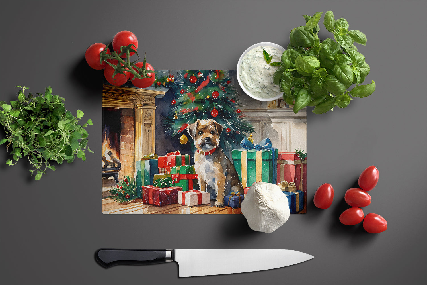 Border Terrier Cozy Christmas Glass Cutting Board Large