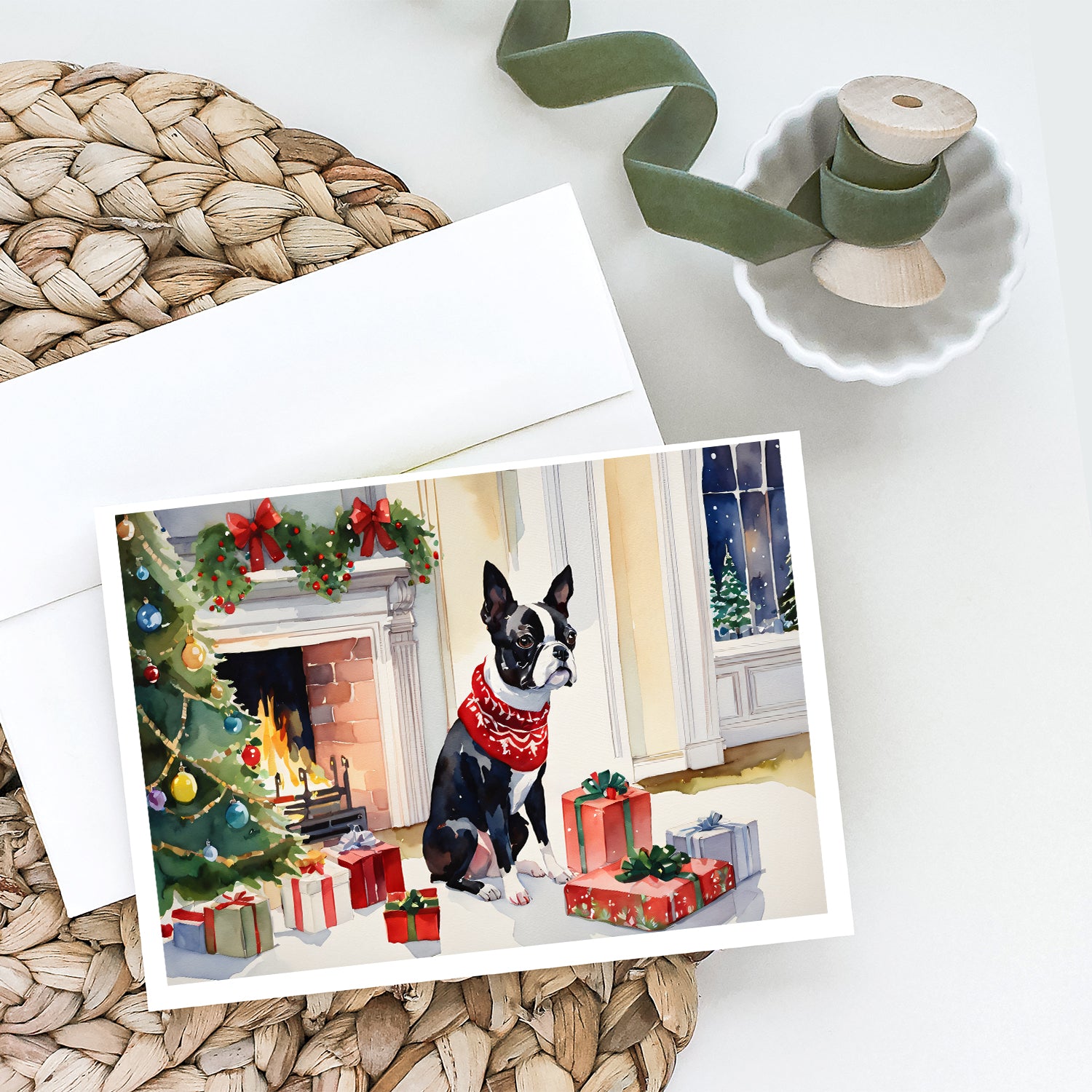 Boston Terrier Cozy Christmas Greeting Cards Pack of 8