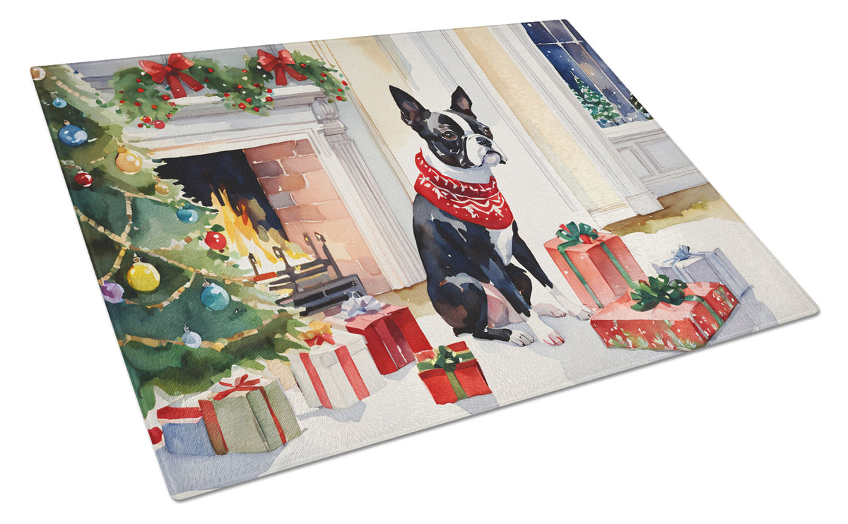 Buy this Boston Terrier Cozy Christmas Glass Cutting Board Large